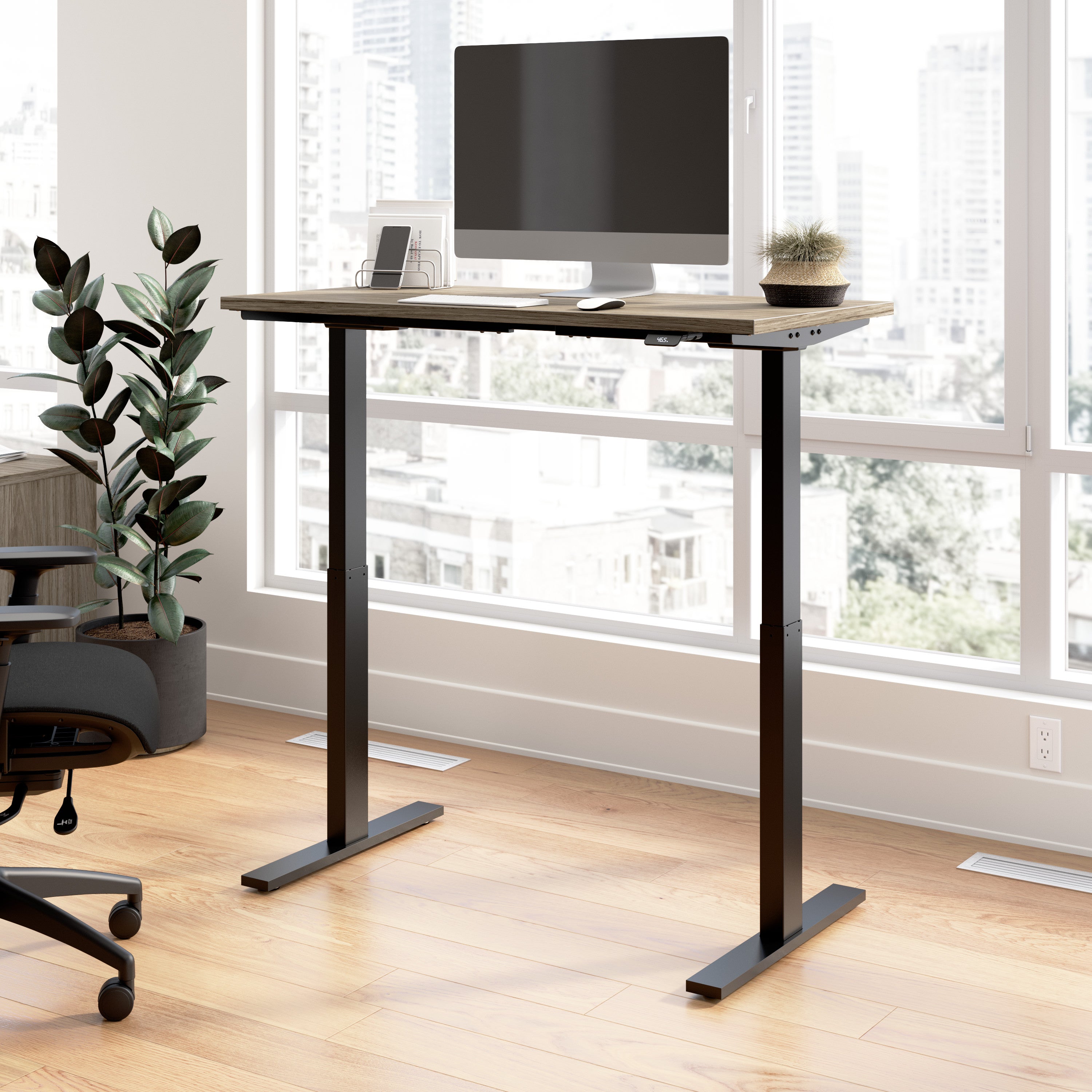 Bush Business Furniture Move 60 Series 48W x 24D Electric Height Adjustable Standing Desk in Modern Hickory with Black Base - 47.6" Width x 23.62" Depth x 47.69" Height