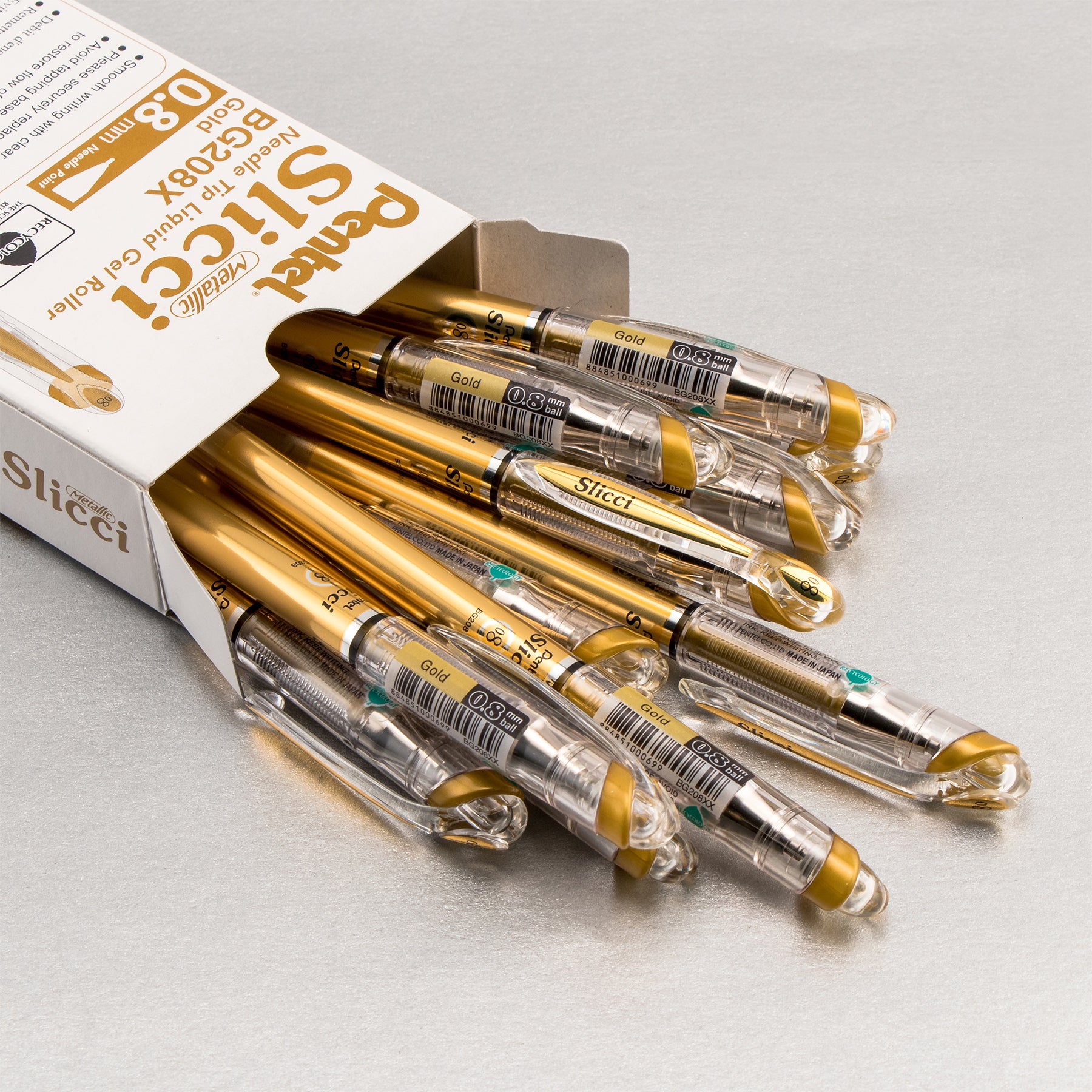 Slicci METALLIC (0.8mm) Needle Tip Med Gel Pen, Gold Metallic Ink, Pack of 12