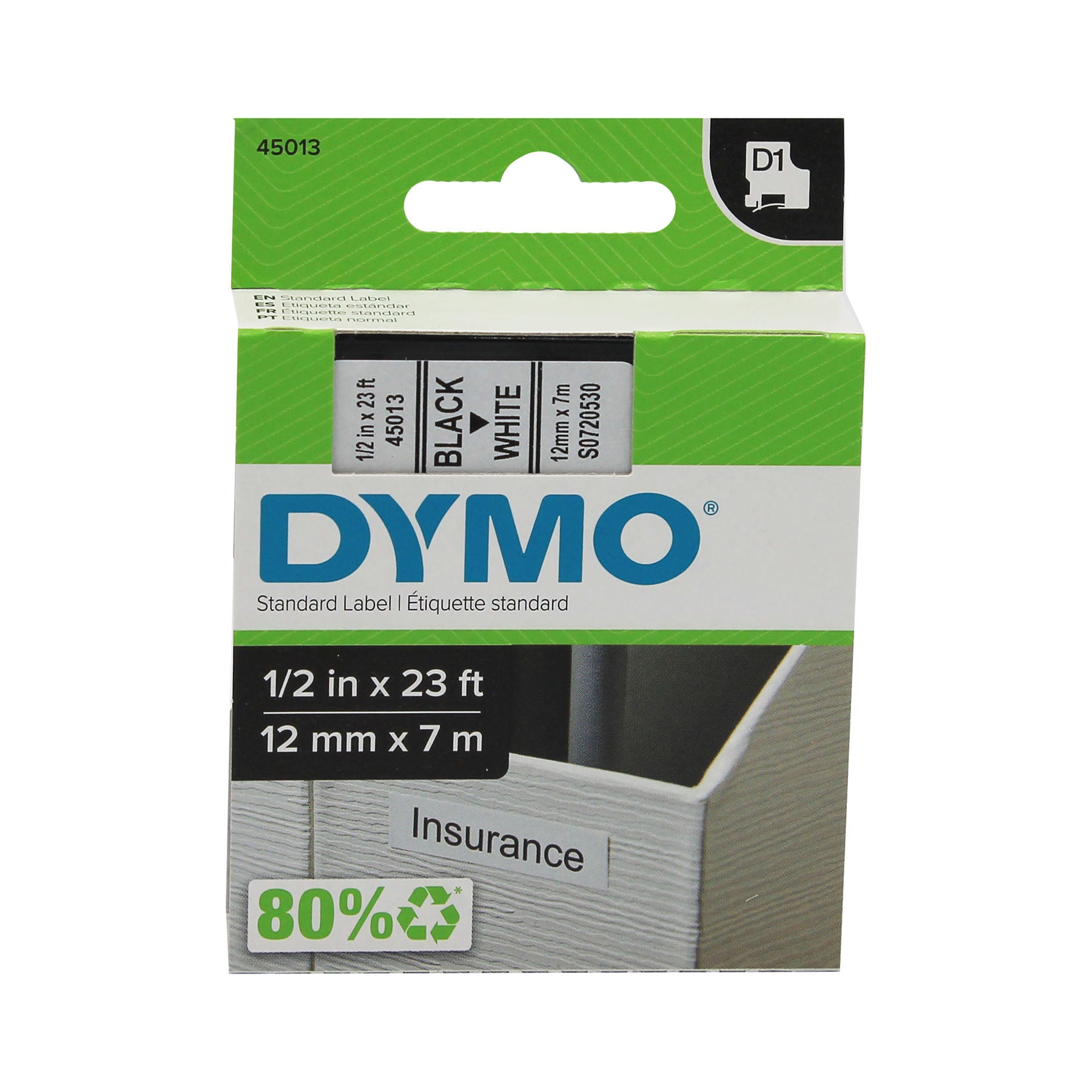 Standard D1 Labeling Tape for LabelManager Label Makers, Black Print on White Tape, 1/2'' W x 23' L, 1 Cartridge