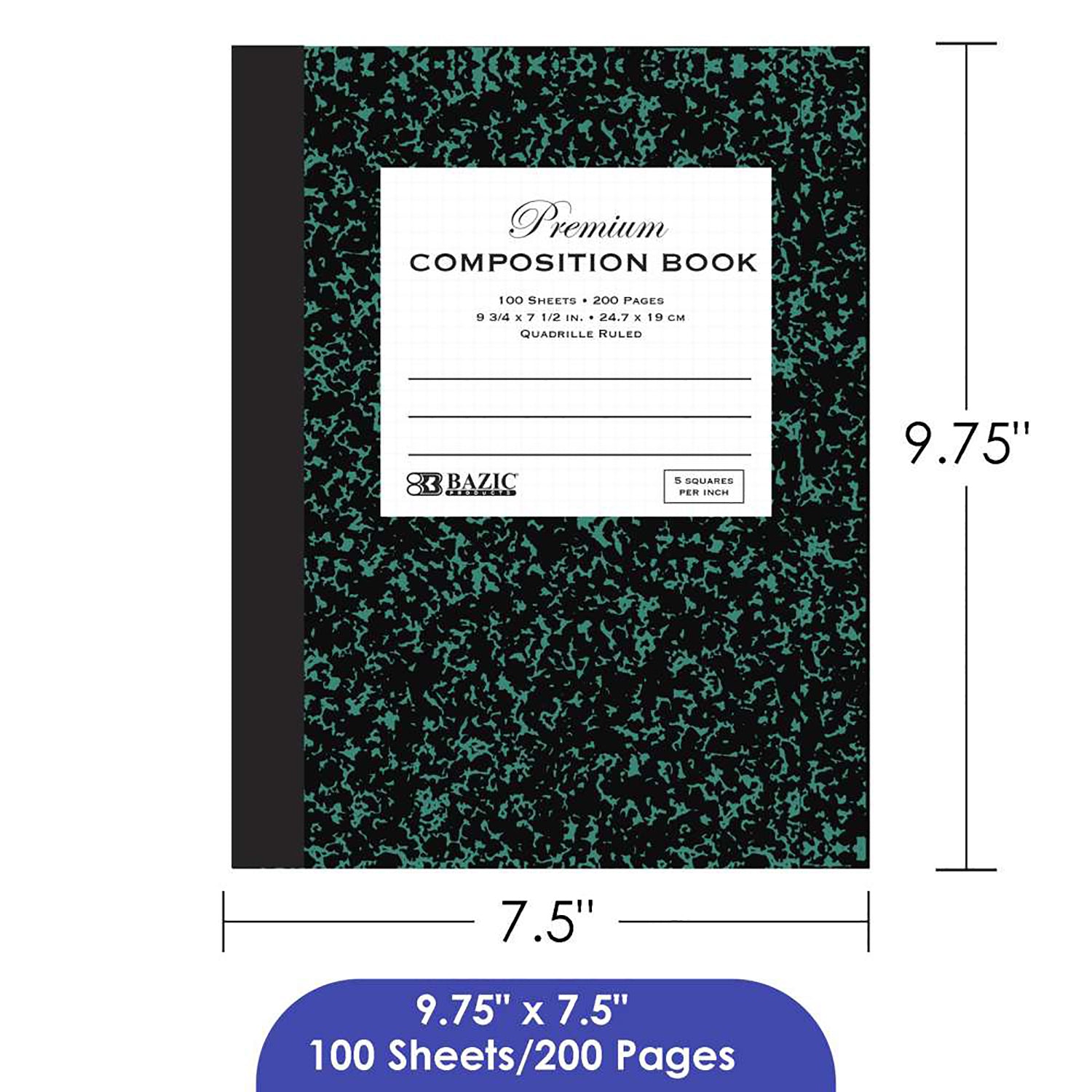Premium Composition Book, 5-1" Quad-Ruled, Marble, 100 Sheets
