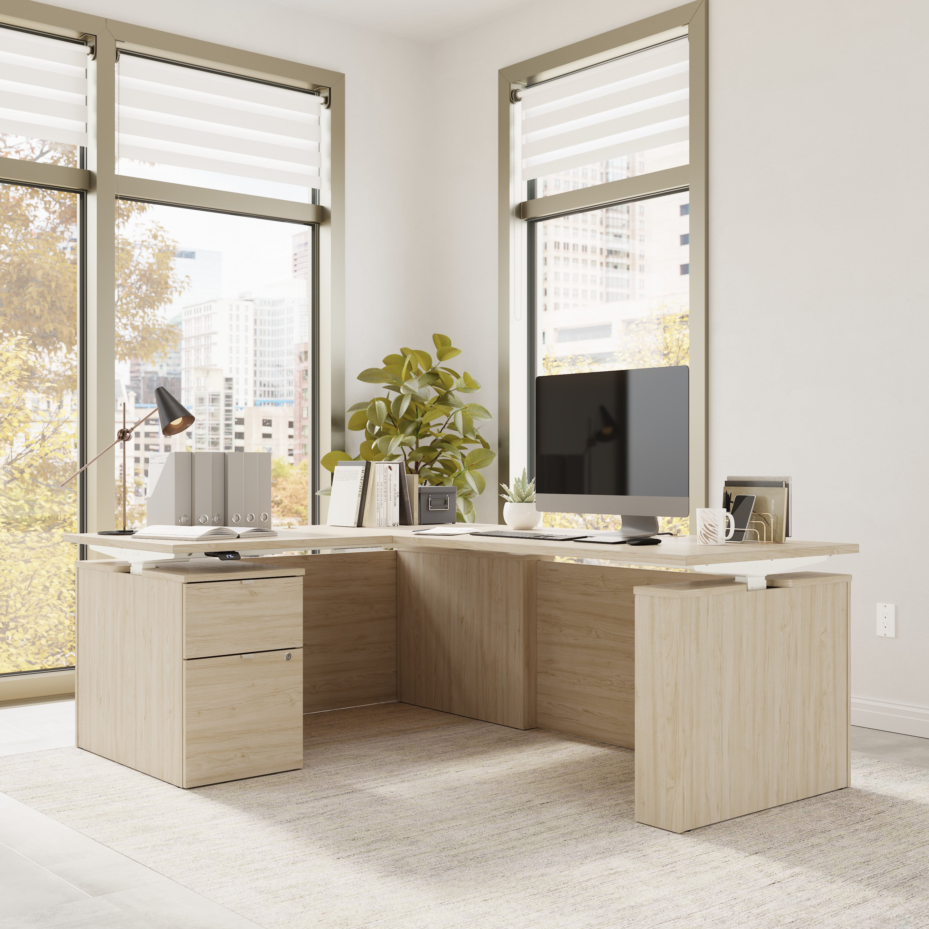 Bush Business Furniture Stratus&nbsp;60W x&nbsp;78D Height Adjustable L Shaped Standing Desk with File Cabinet in Natural Elm with White Base - 59.45" Width x 76.97" Depth x 27.44" Height