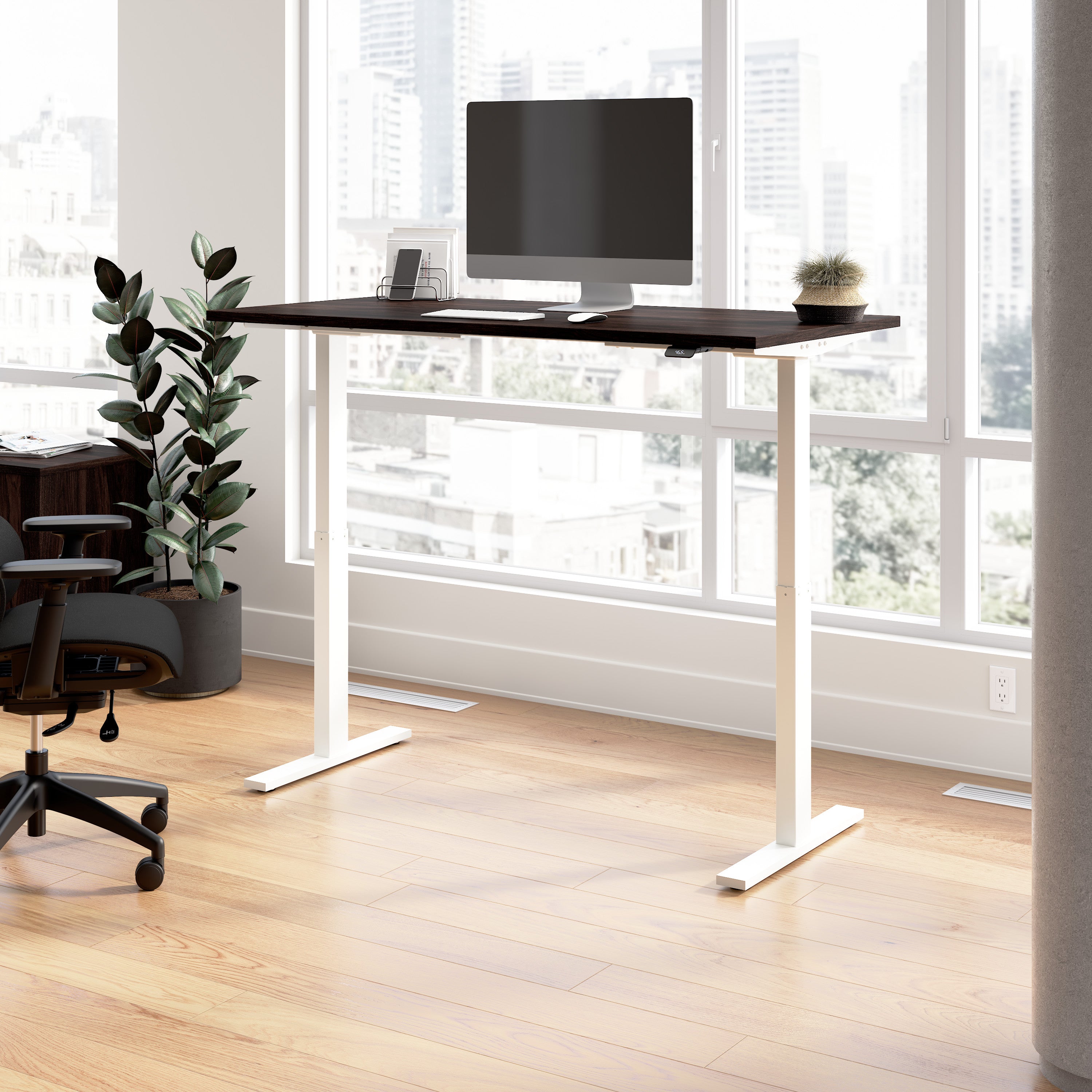Bush Business Furniture Move 60 Series 60W x 30D Electric Height Adjustable Standing Desk in Black Walnut with White Base - 59.45" Width x 29.37" Depth x 27.44" Height