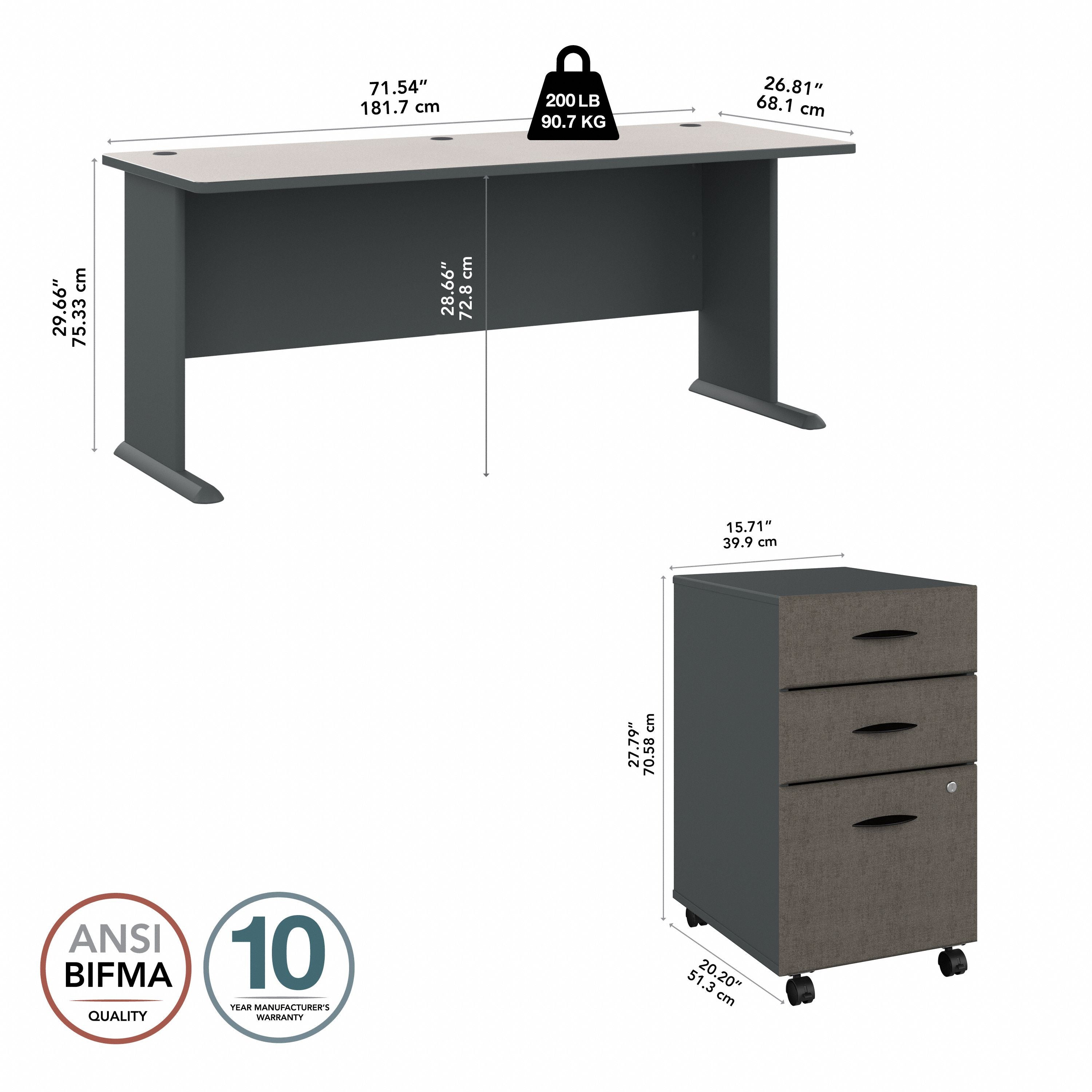 Bush Business Furniture Series A 72W Desk with Mobile File Cabinet in Slate and White Spectrum - 71.54" Width x 26.81" Depth x 29.66" Height