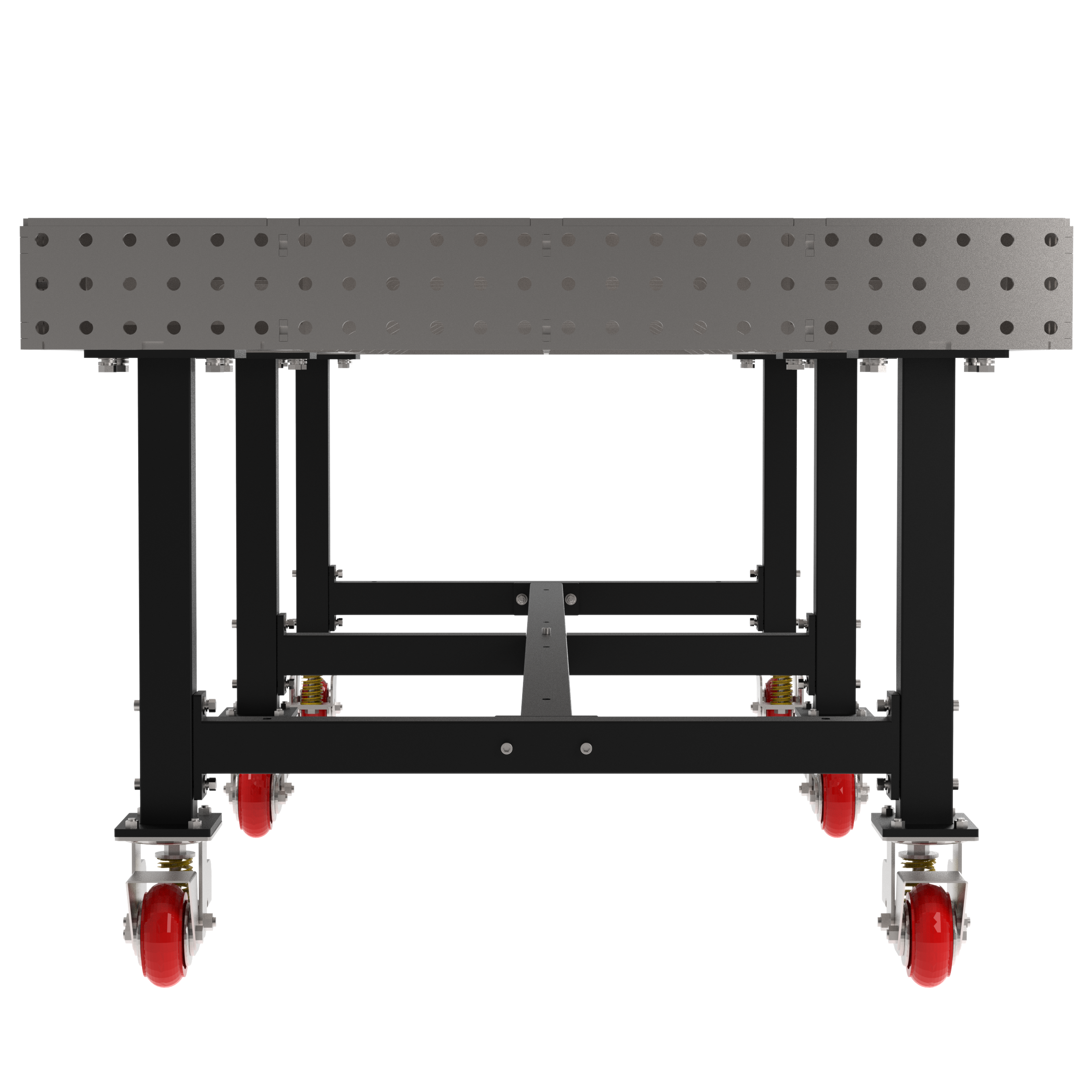 Welding Fixture Table, Fixed Height, 36"H x 120"L x 48"D, 1/4" Carbon Steel Top, Six Black Powdercoat Legs, 6 Heavy Duty Suspension Casters (4 Locking/Swiveling Casters and 2 Non-Locking/Non-SwivelingCasters)