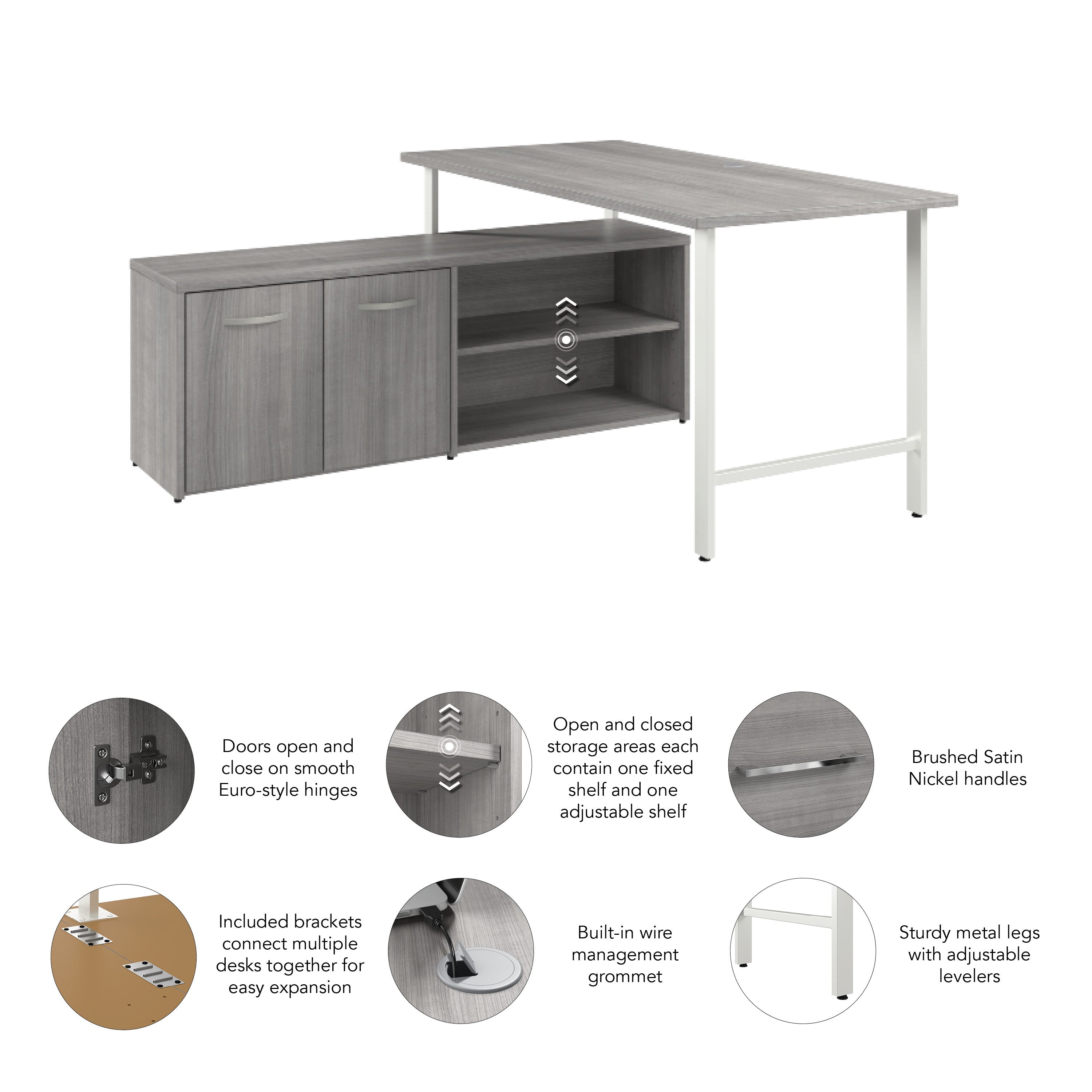 Bush Business Furniture Hustle 60W x 30D Computer Desk and Low Storage Cabinet with Doors and Shelves in Platinum Gray - 59.44" Width x 88.54" Depth x 30.07" Height