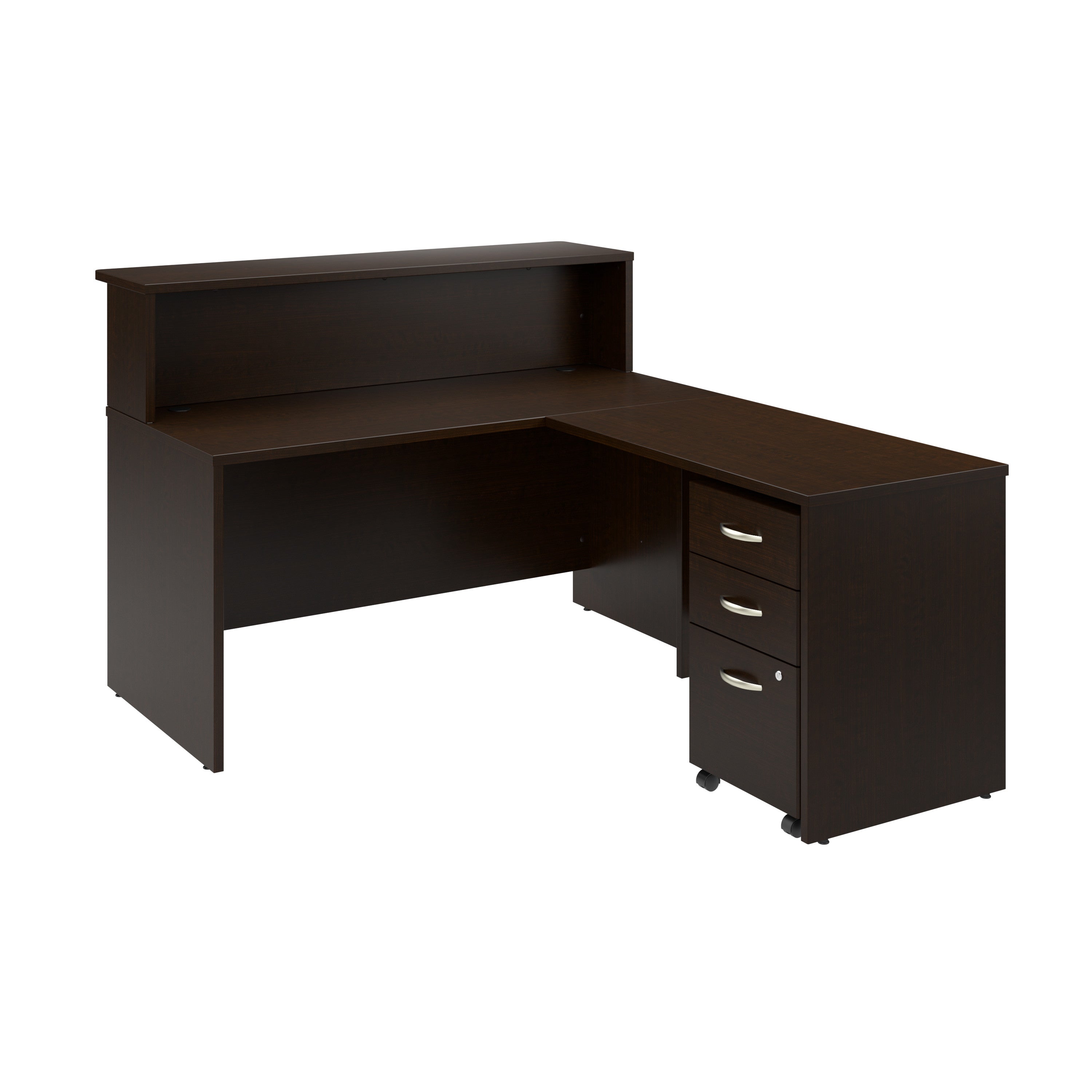 Bush Business Furniture Arrive 60W x 72D L Shaped Reception Desk with Shelf and Mobile File Cabinet in Mocha Cherry - 59.45" Width x 71.02" Depth x 43.71" Height