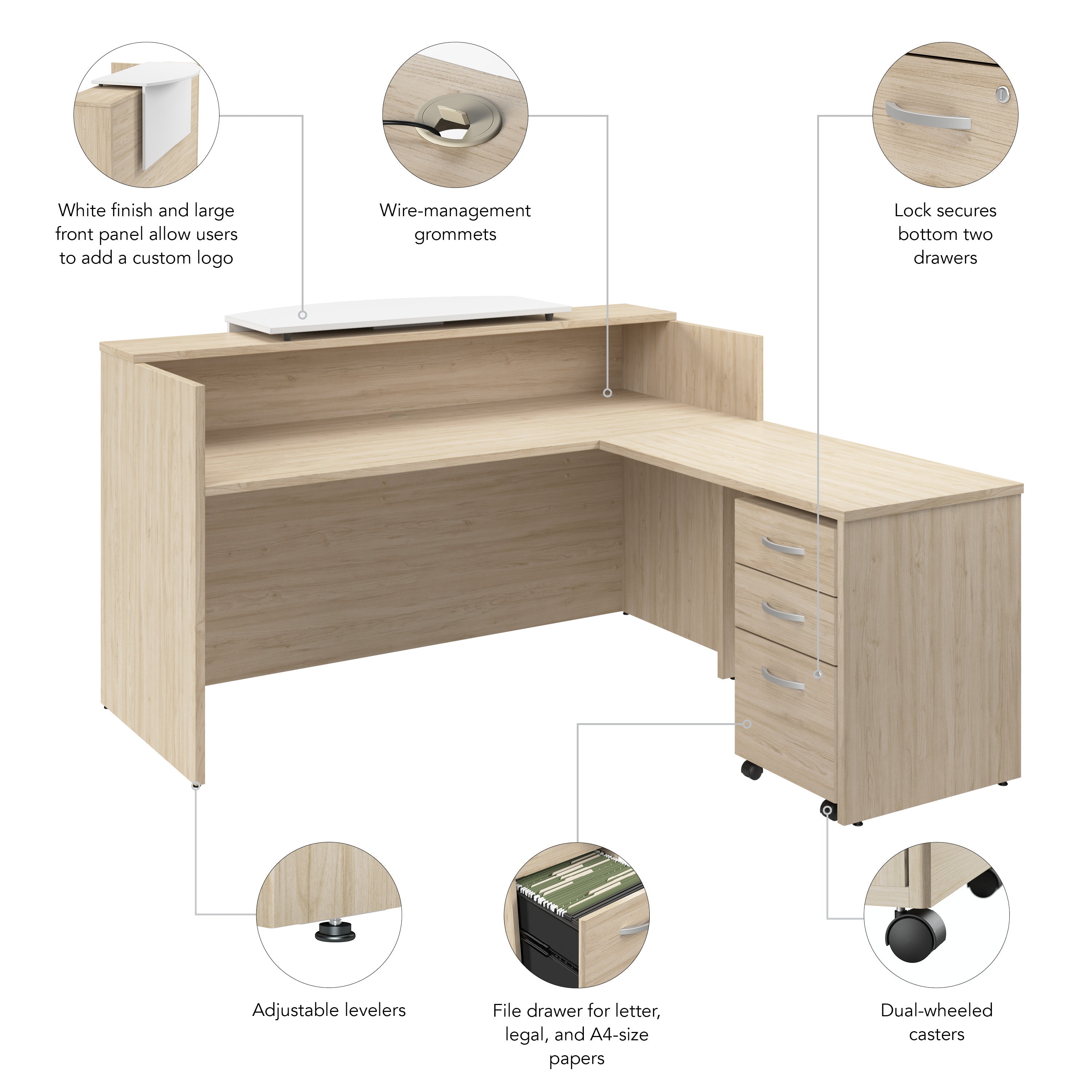 Bush Business Furniture Arrive 72W x 72D L Shaped Reception Desk with Counter and Mobile File Cabinet in Natural Elm - 71.02" Width x 71.14" Depth x 40.35" Height