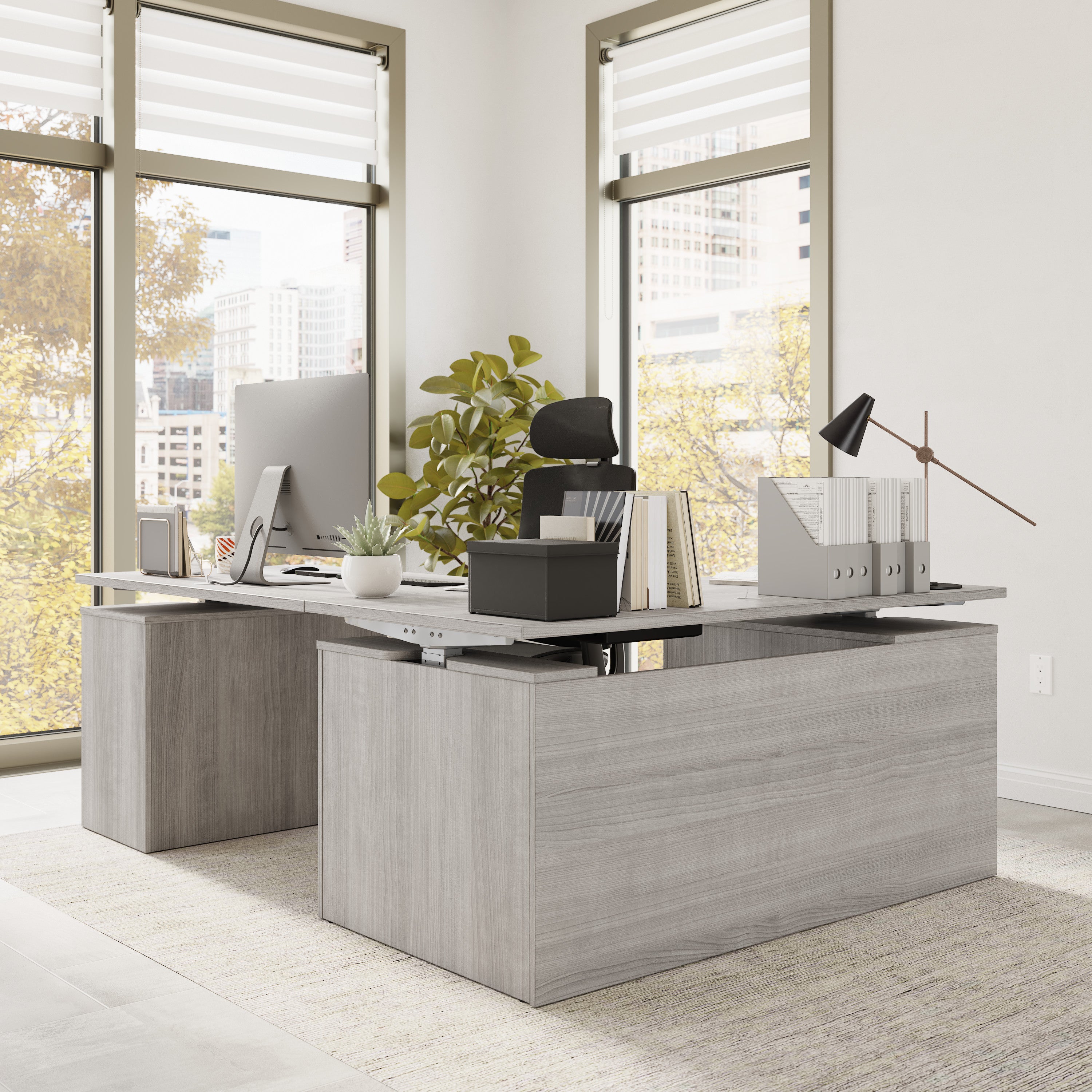 Bush Business Furniture Stratus&nbsp;60W x&nbsp;78D Height Adjustable L Shaped Standing Desk with Drawers in Platinum Gray with Metallic Gray Base - 59.45" Width x 76.97" Depth x 27.44" Height