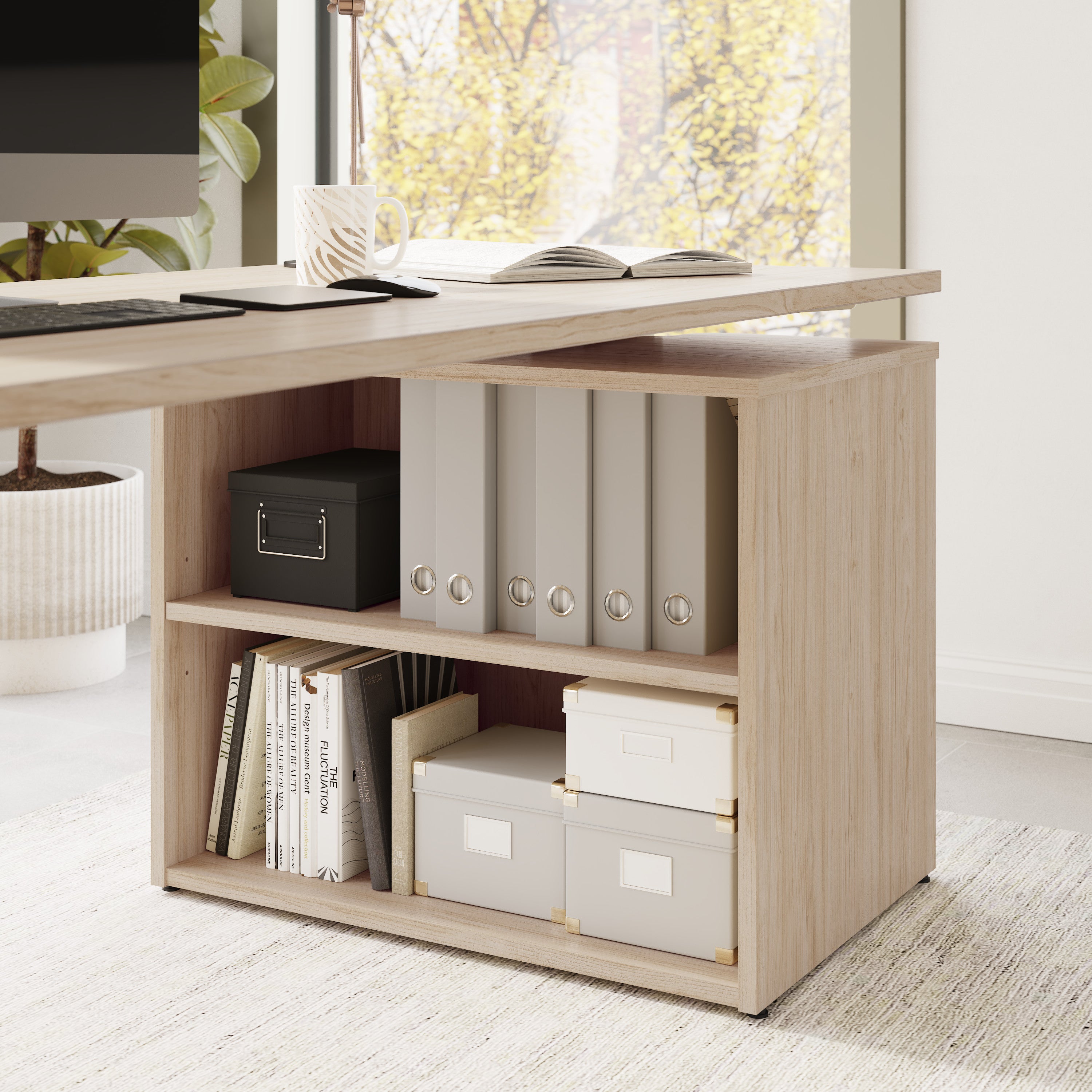 Bush Business Furniture Stratus&nbsp;72W x&nbsp;30D Electric Height Adjustable Standing Desk with Bookcase in Natural Elm with White Base - 71.02" Width x 29.37" Depth x 27.44" Height