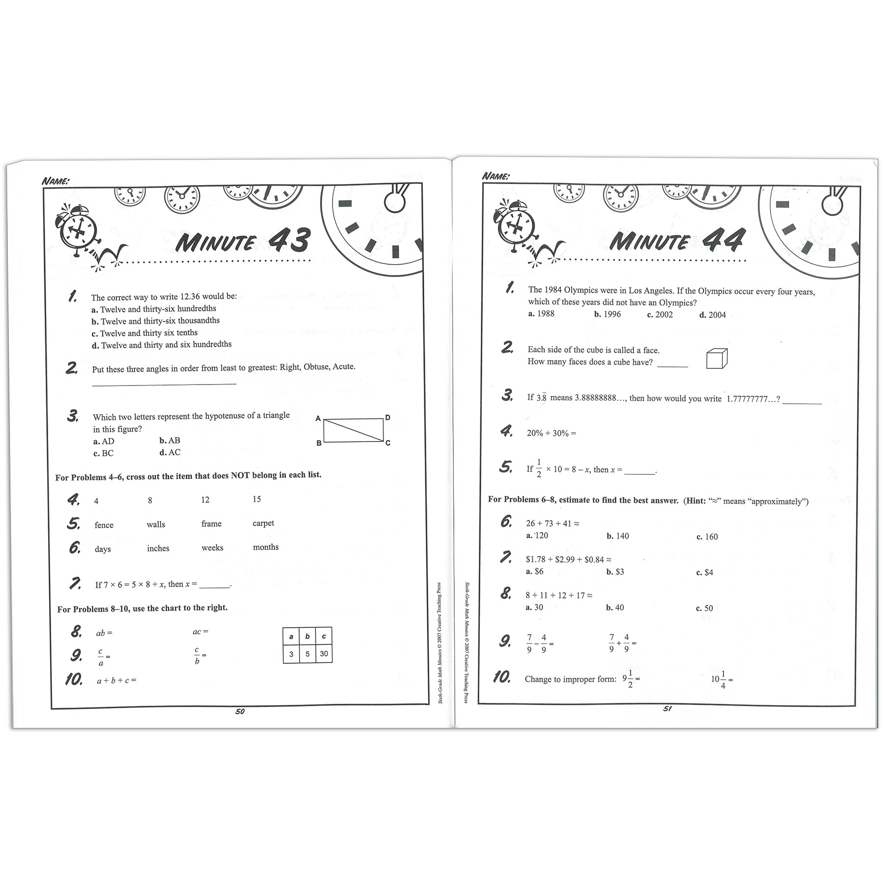 Math Minutes Book, Grade 6