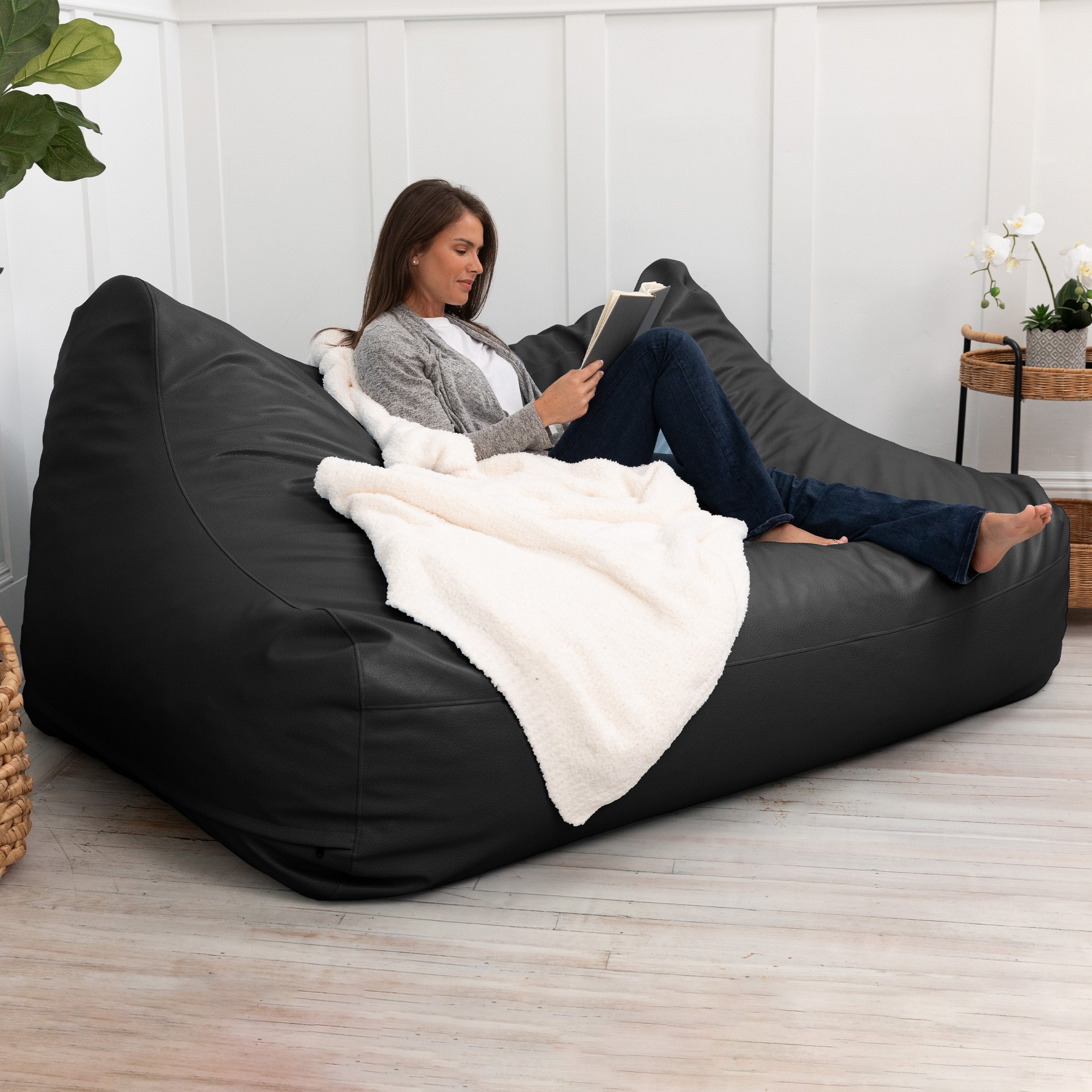 Atrium Collection Lozia Loveseat - Large Foam Bean Bag Sofa for Home Theaters, Offices, Schools, Reception & Waiting Rooms - Faux-Leather - Black