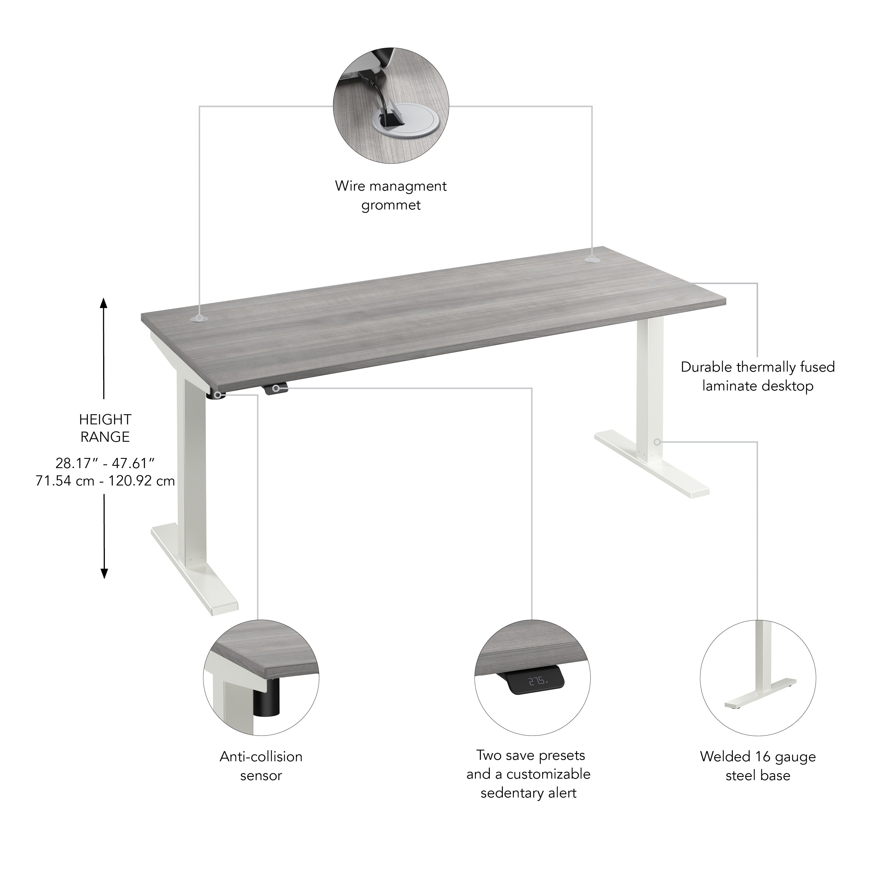Bush Business Furniture Move 40 Series 72W x 30D Electric Height Adjustable Standing Desk in Platinum Gray with White Base - 71.02" Width x 29.37" Depth x 28.17" Height