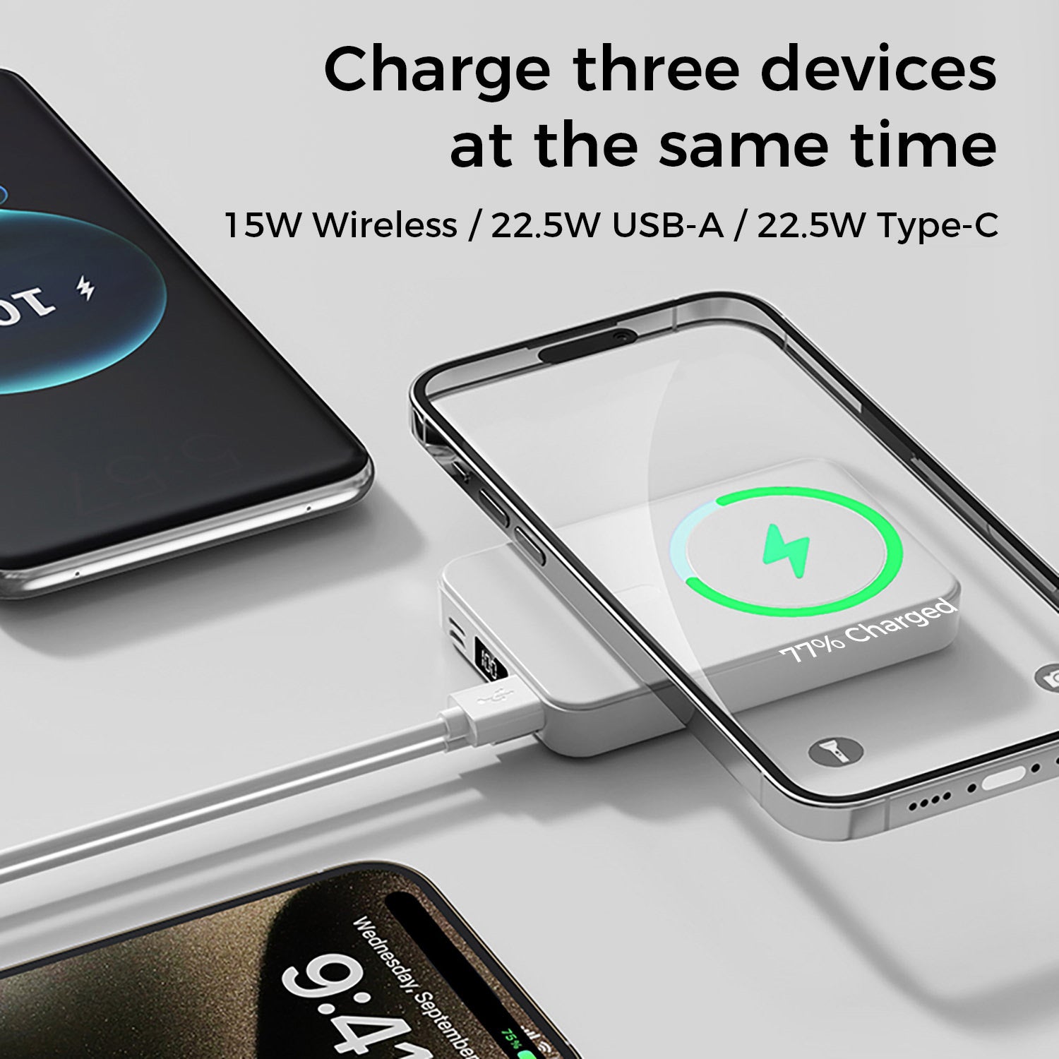 10,000mAh Magnetic Wireless Charge Power Bank with Foldable Stand, White
