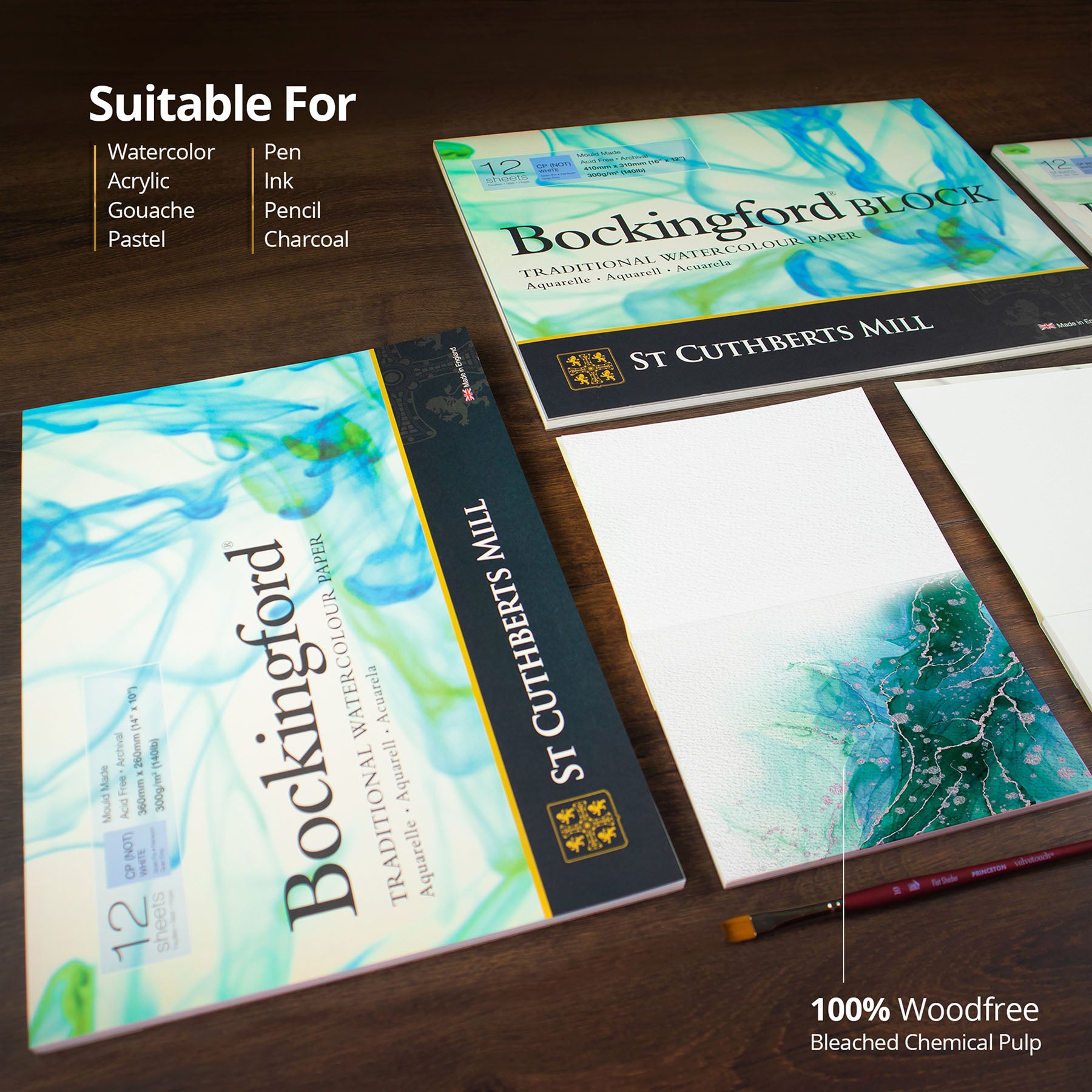 Bockingford Watercolor Pad, Cold Pressed, Glue Binding, 140lb/300gsm, 12 Sheet, 12x16 inch, 1 Count