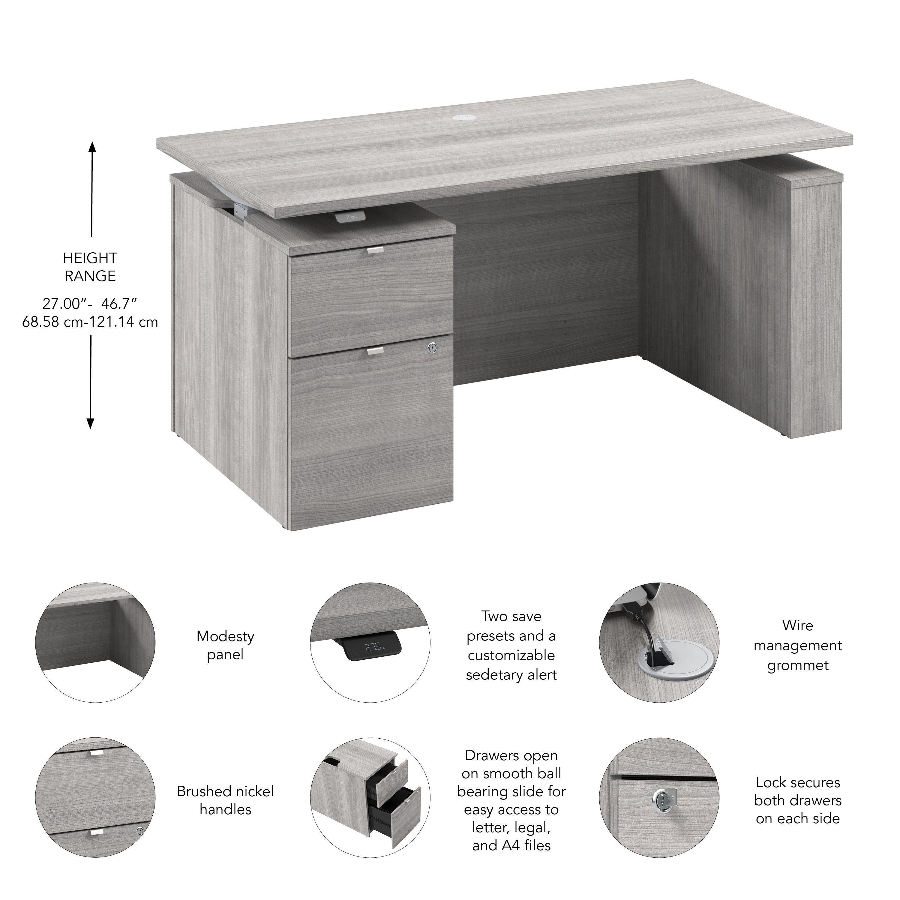 Bush Business Furniture Stratus&nbsp;60W x&nbsp;30D Eletric Height Adjustable Standing Desk with File Cabinet in Platinum Gray with Metallic Gray Base - 59.45" Width x 29.37" Depth x 27.44" Height