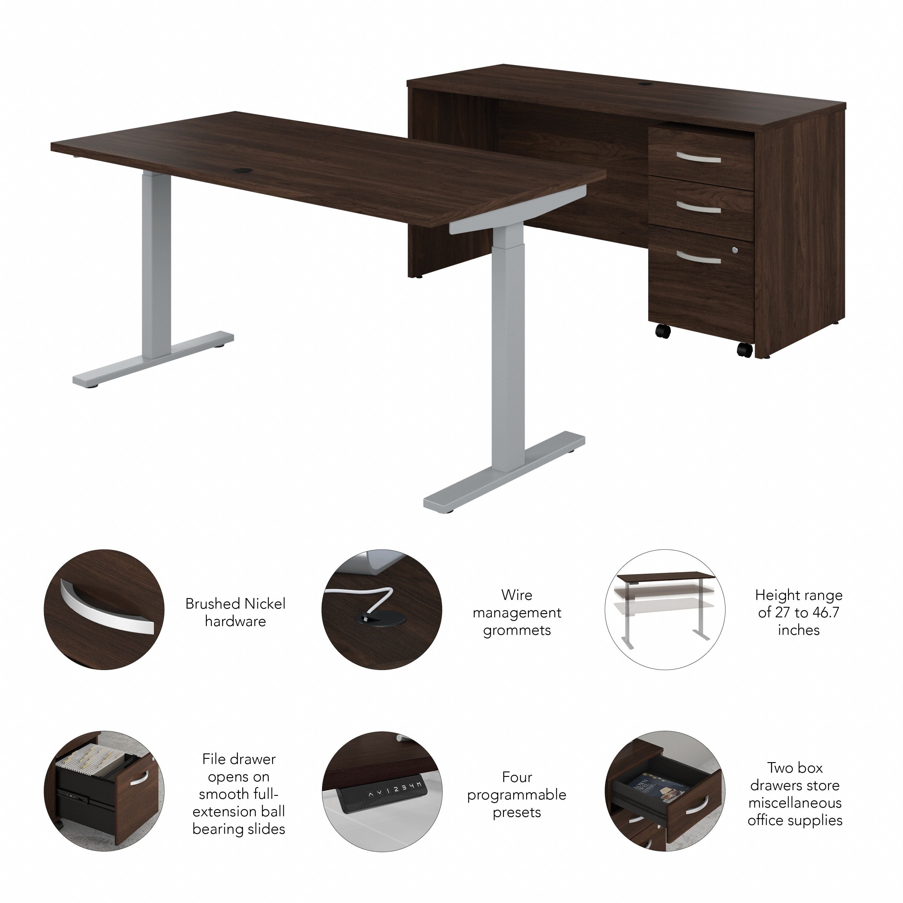 Bush Business Furniture Studio C 60W Height Adjustable Standing Desk with Credenza and File Cabinet in Black Walnut - 59.45" Width x 82.8" Depth x 47.69" Height