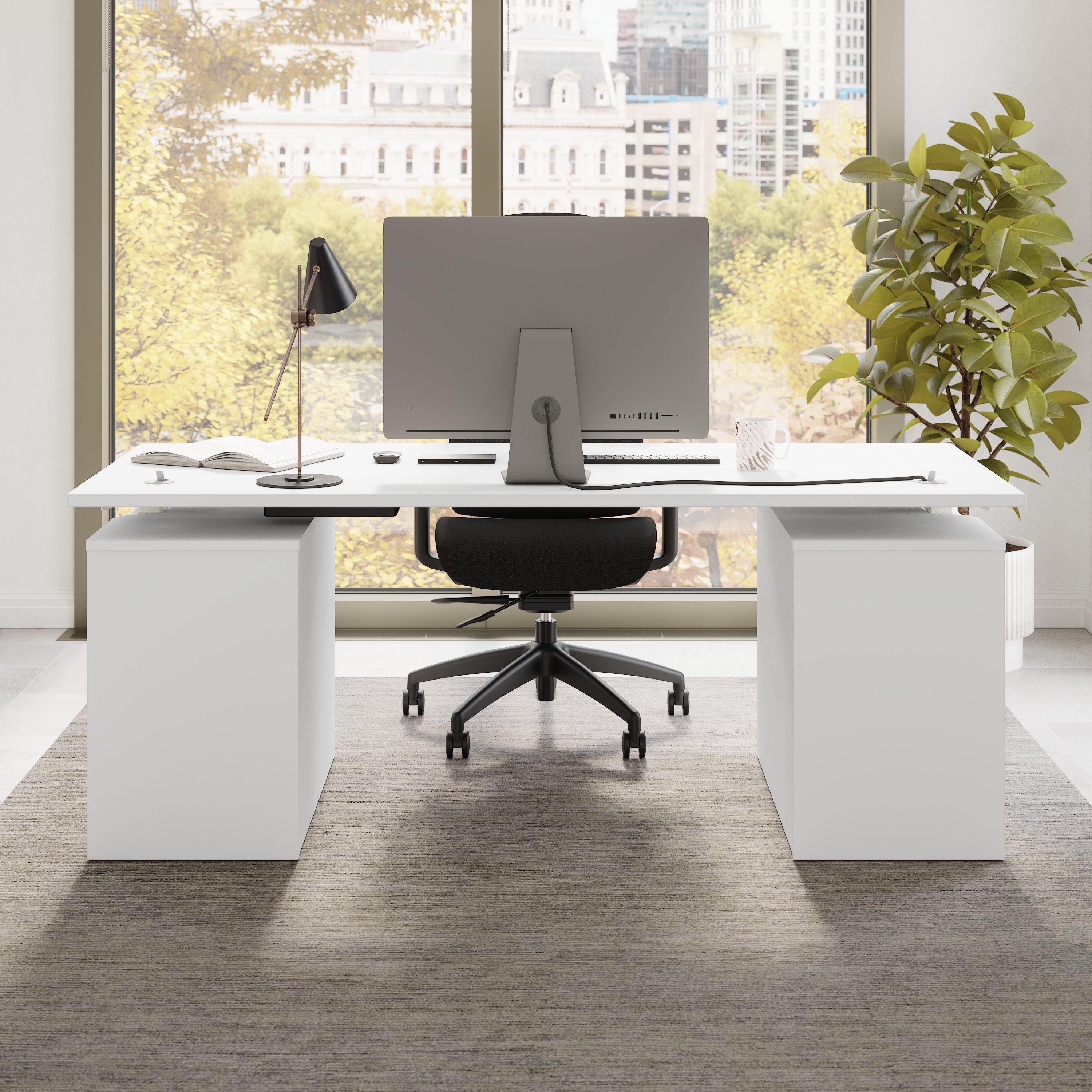 Bush Business Furniture Stratus&nbsp;72W x&nbsp;30D Electric Height Adjustable Standing Desk with Drawers in White with White Base - 71.02" Width x 29.37" Depth x 27.44" Height