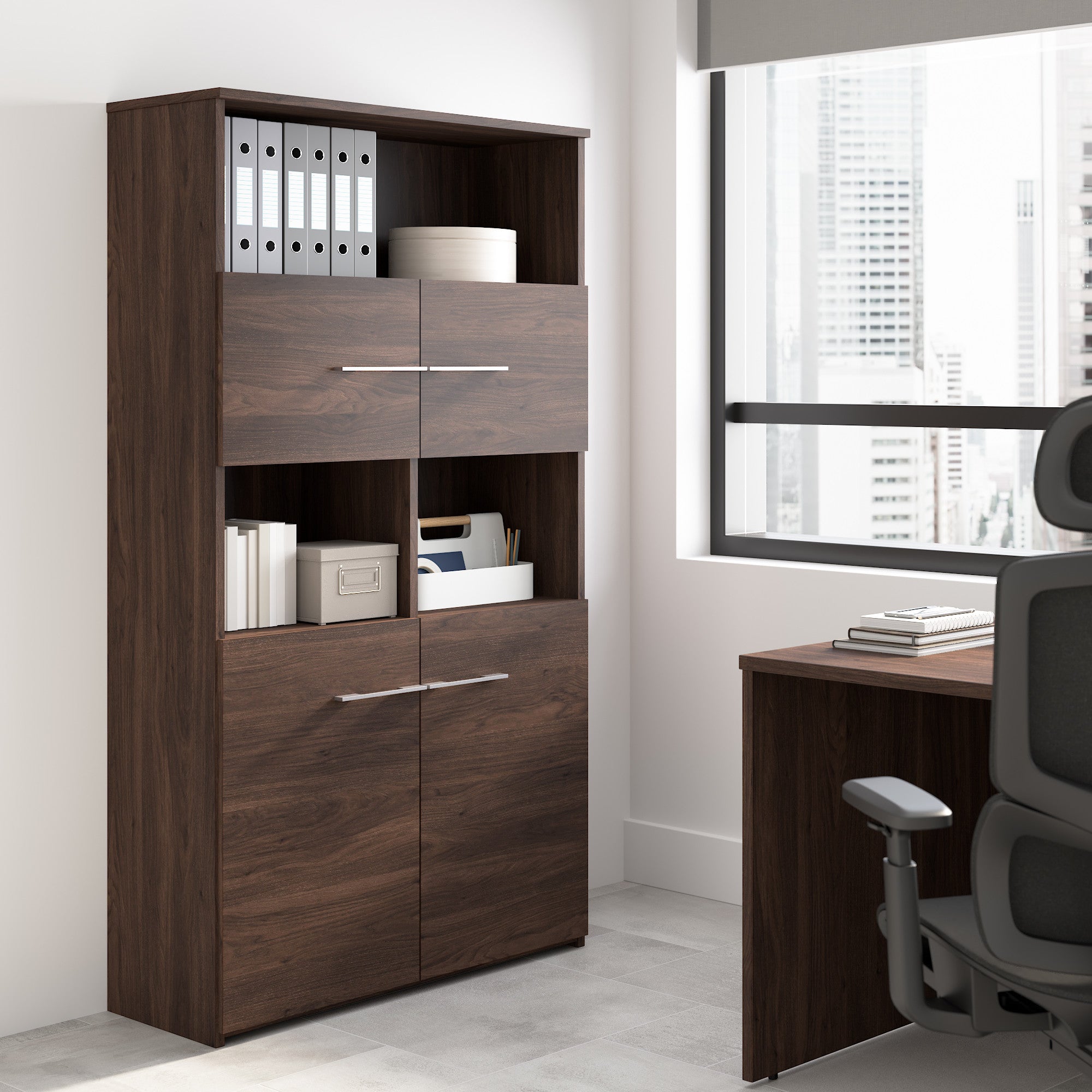 Bush Business Furniture Office 500 5 Shelf Bookcase with Doors in Black Walnut - 35.67" Width x 15.35" Depth x 70.08" Height