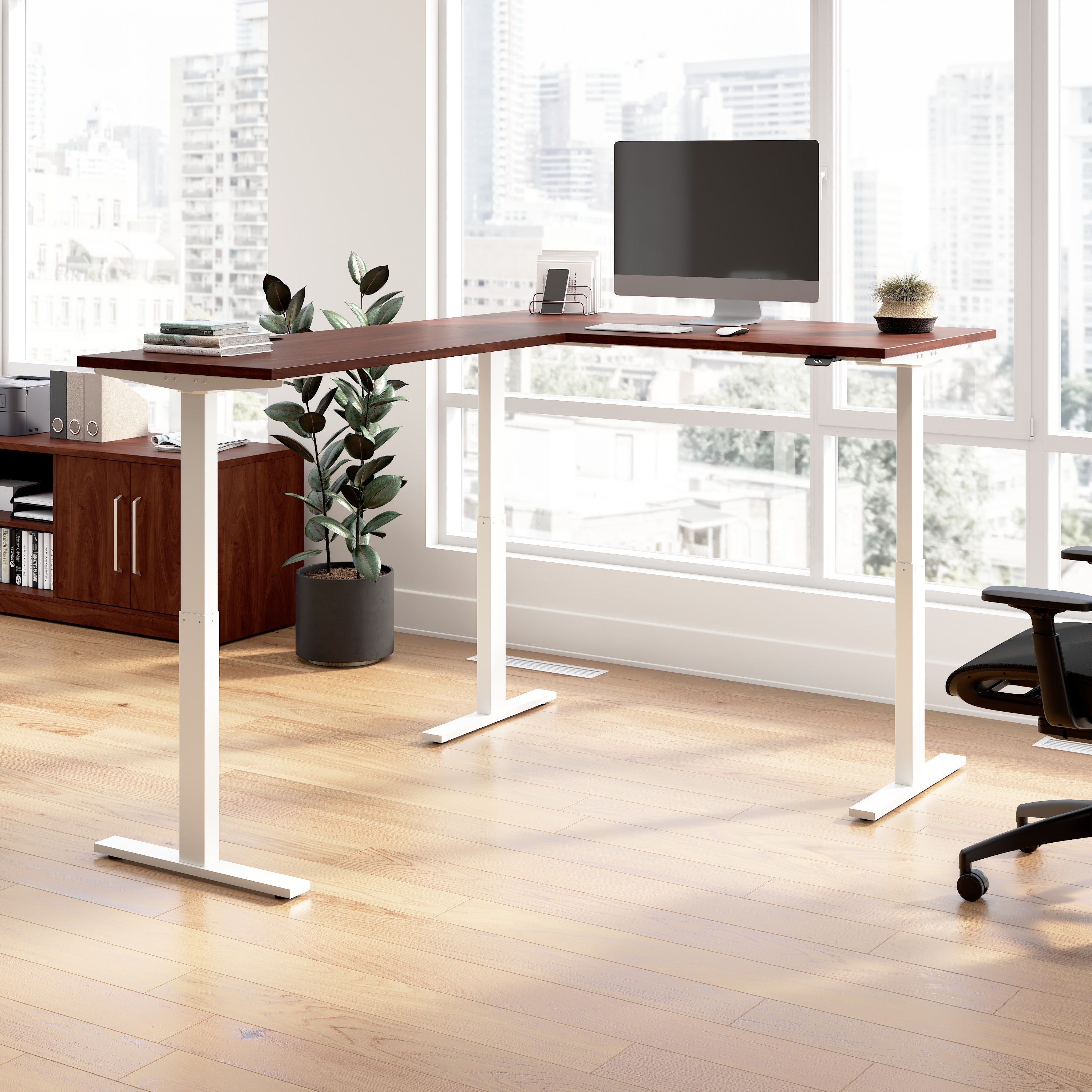 Bush Business Furniture Move 60 Series 60W Height Adjustable L Shaped Standing Desk in Hansen Cherry with White Base - 59.45" Width x 76.97" Depth x 27.44" Height
