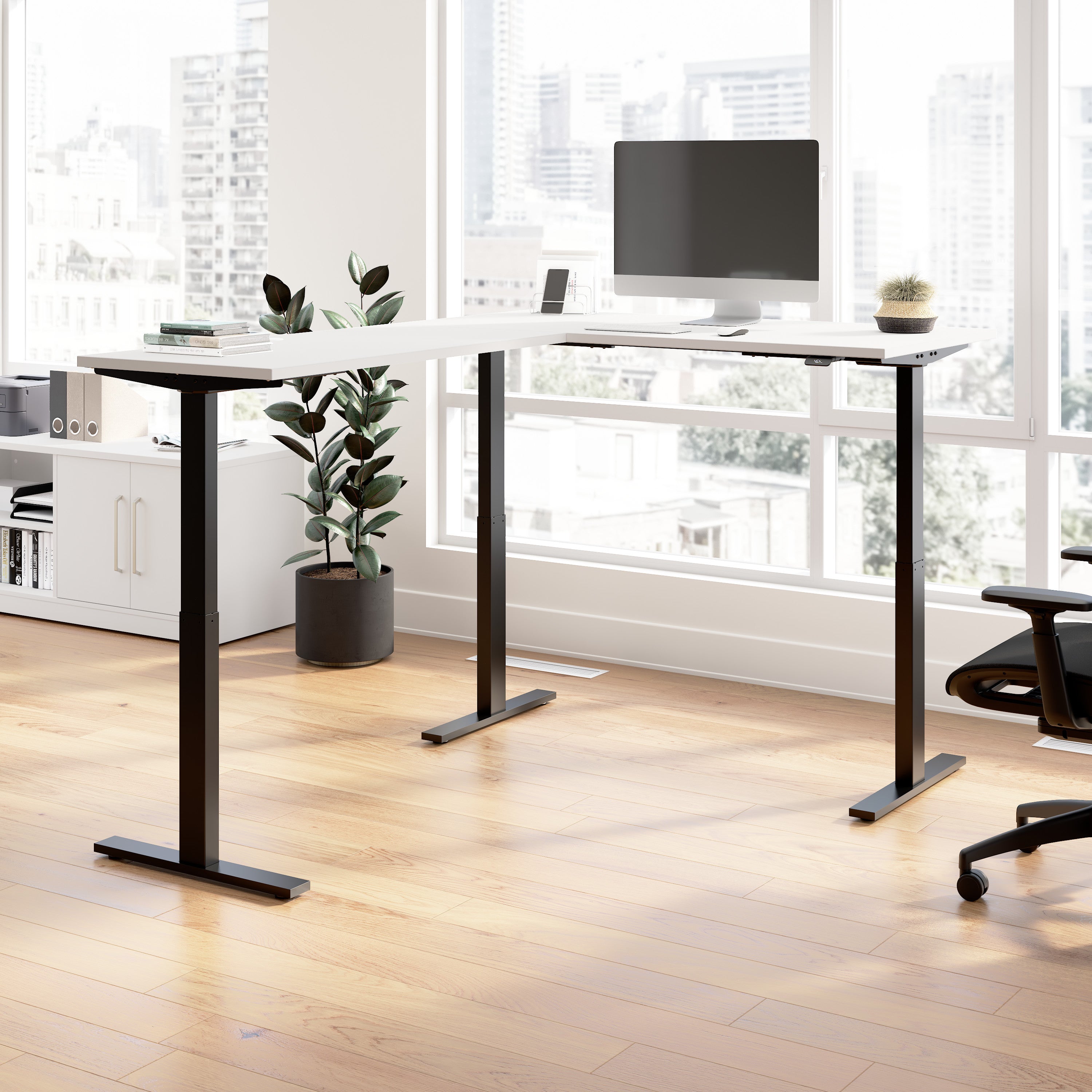 Bush Business Furniture Move 60 Series 60W Height Adjustable L Shaped Standing Desk in White with Black Base - 59.45" Width x 76.97" Depth x 27.44" Height