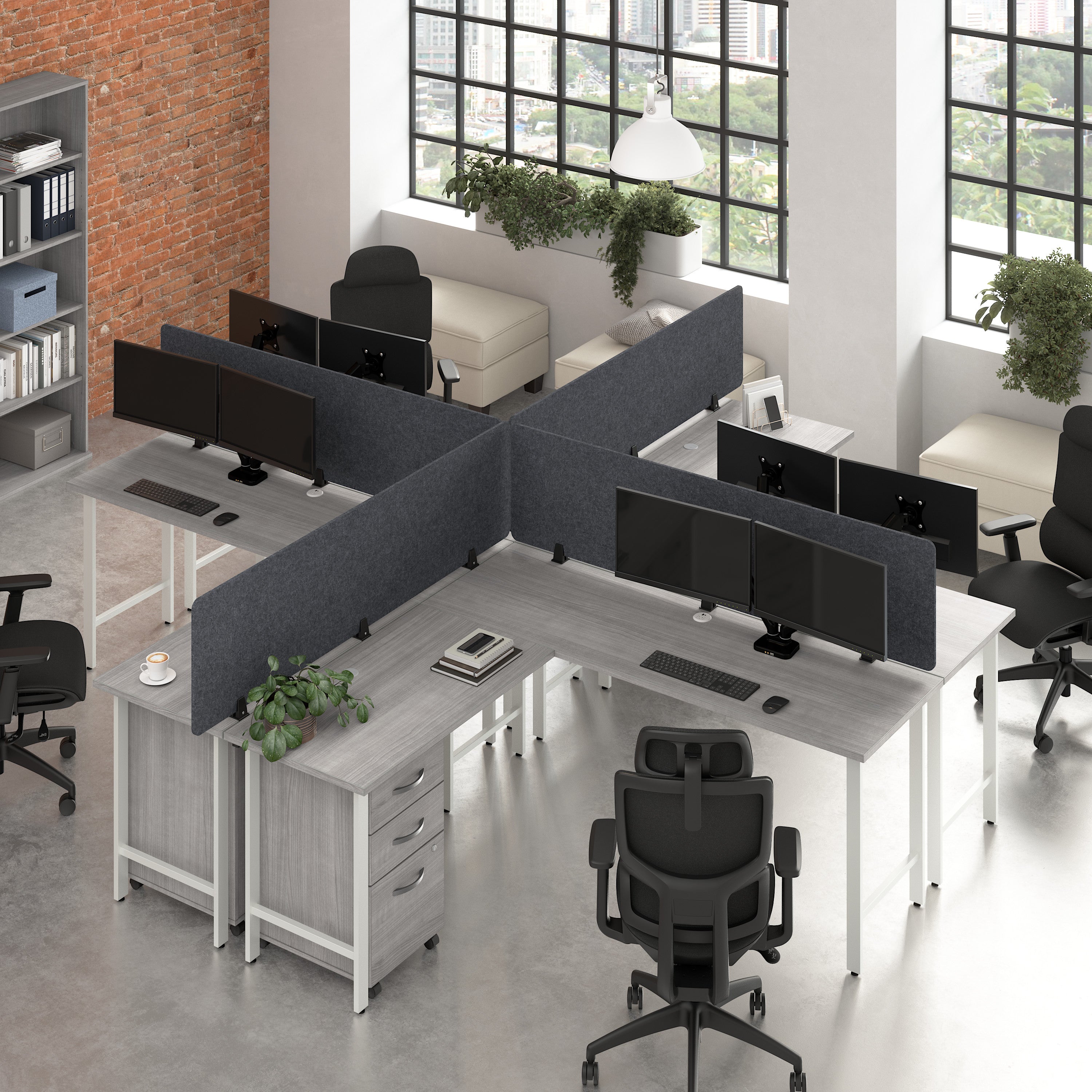 Bush Business Furniture Hustle 4 Person L Shaped Desk with Mobile File Cabinets, Power Grommets, and Privacy Screens in Platinum Gray - 71.02" Width x 23.34" Depth x 30.07" Height