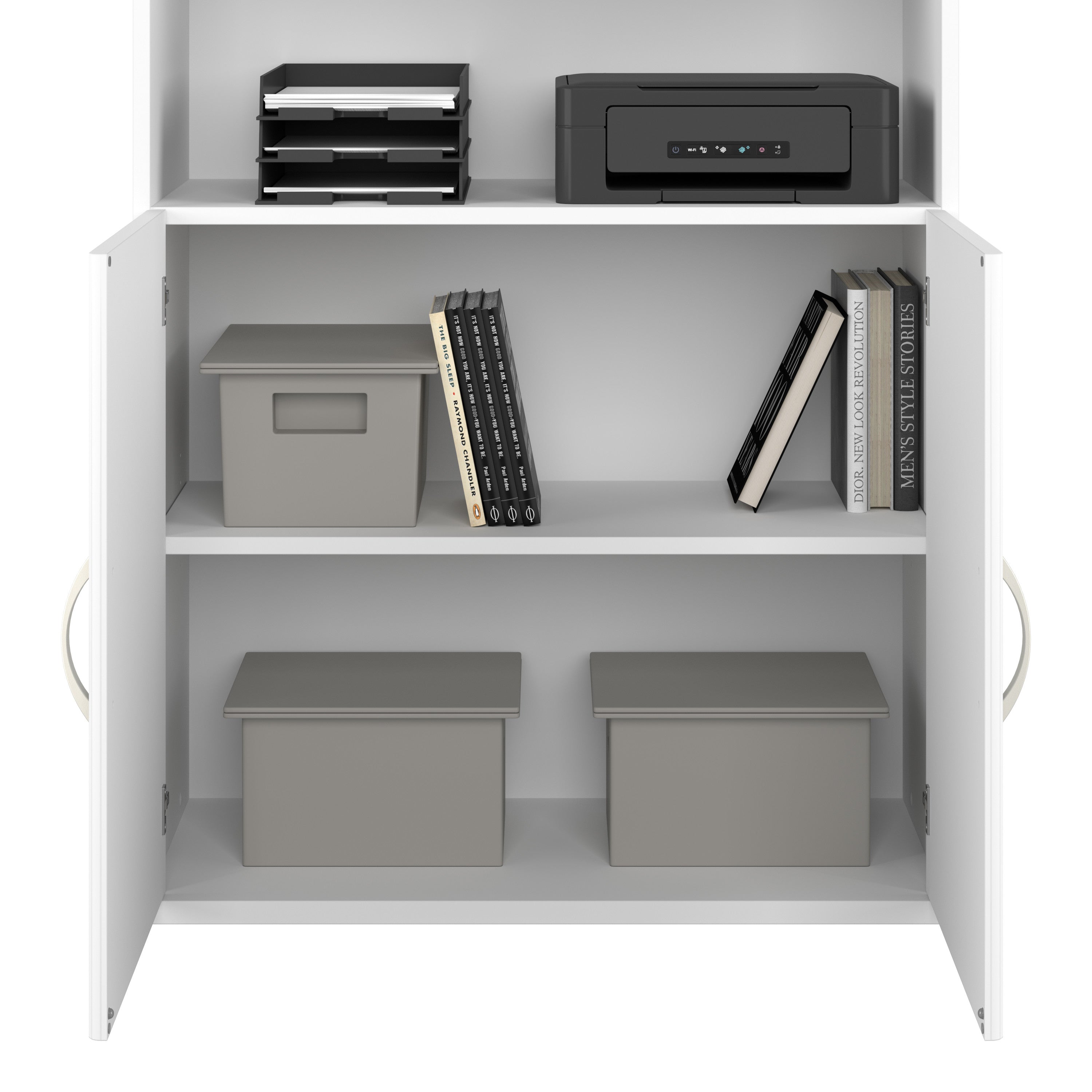 Bush Business Furniture Hybrid Tall 5 Shelf Bookcase with Doors in White - 35.71" Width x 15.43" Depth x 72.8" Height