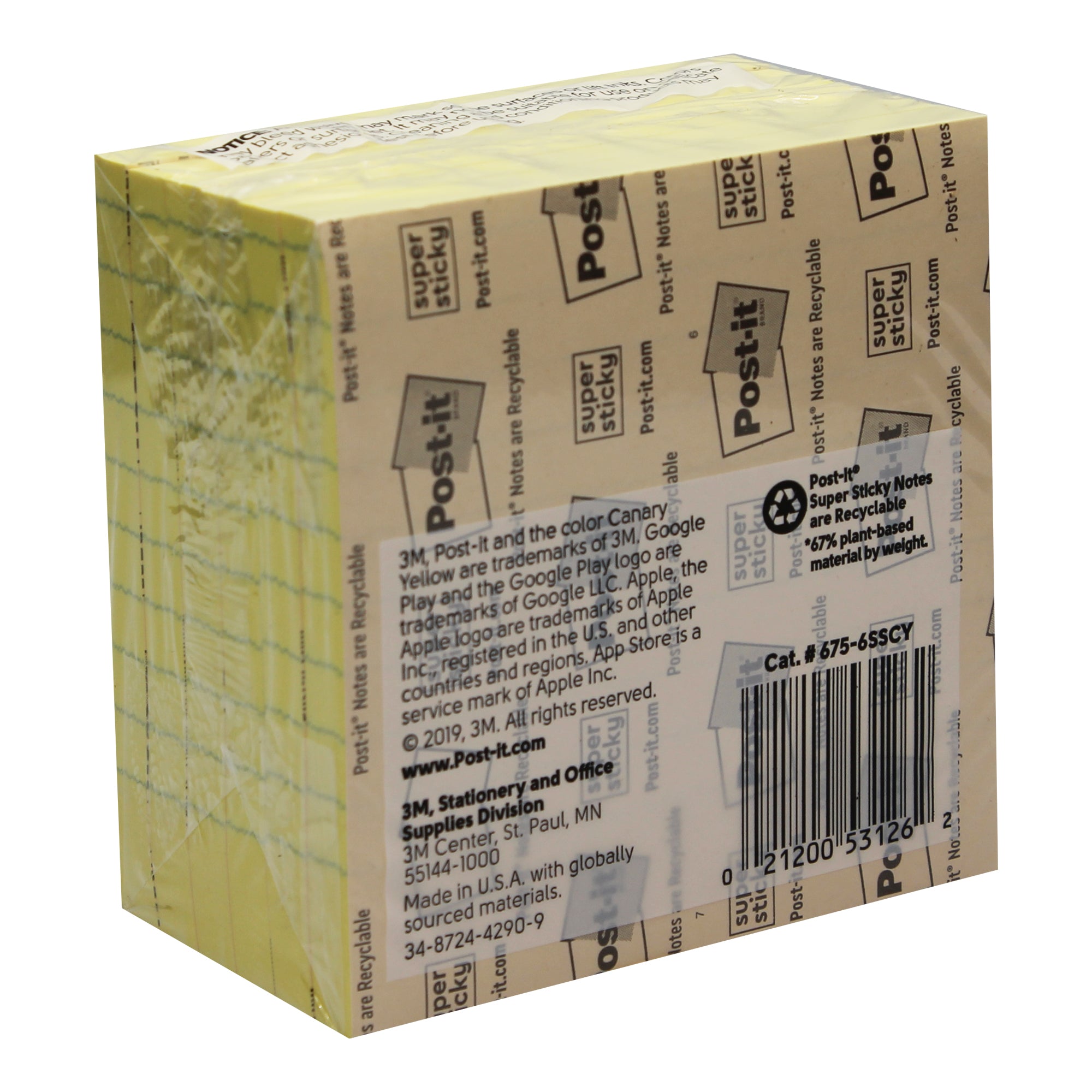 Super Sticky Notes, 4" x 4", Canary Yellow, Lined, 90 Sheets Per Pad, 6 Pads