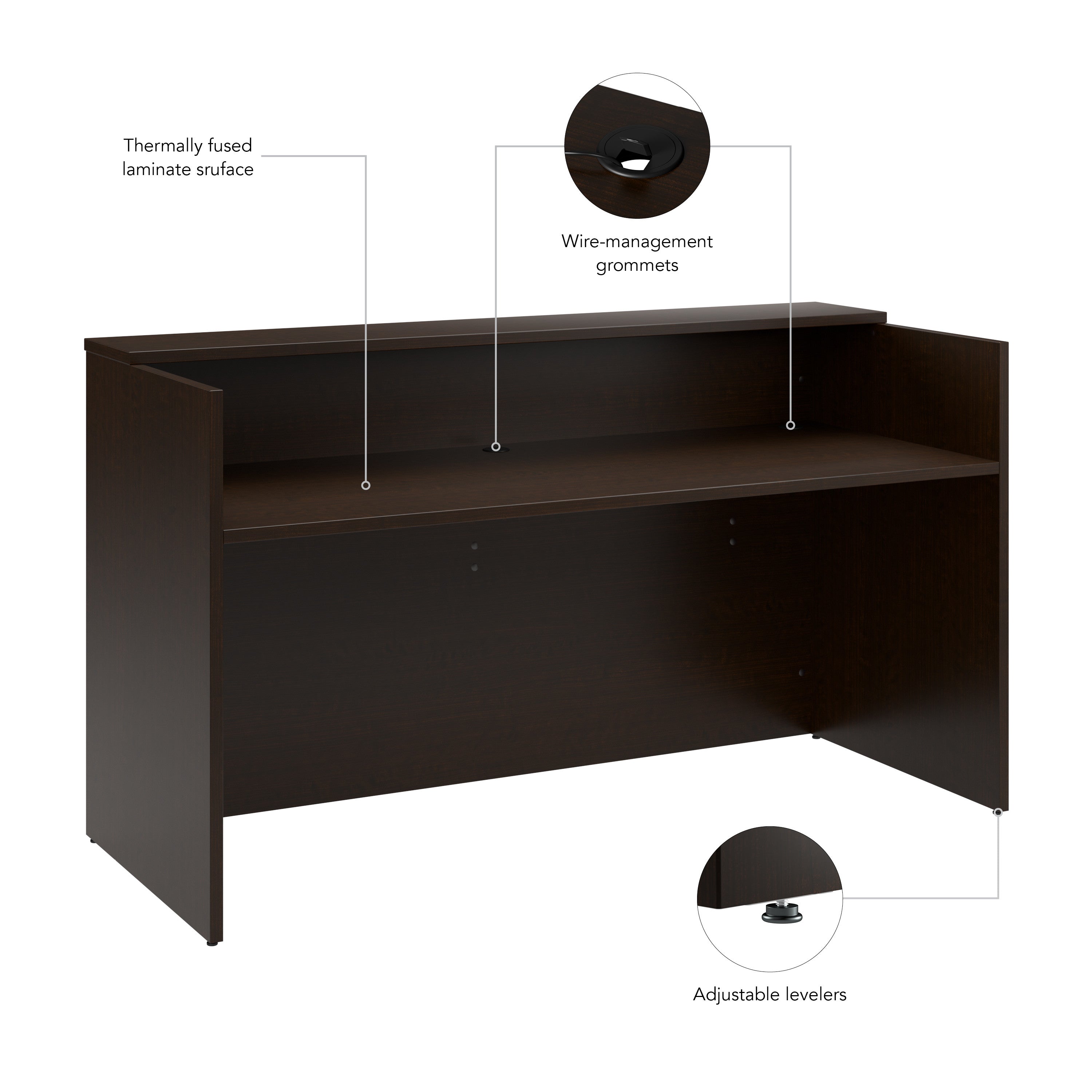 Bush Business Furniture Arrive 72W x 30D Reception Desk with Shelf in Mocha Cherry - 71.02" Width x 29.49" Depth x 40.35" Height