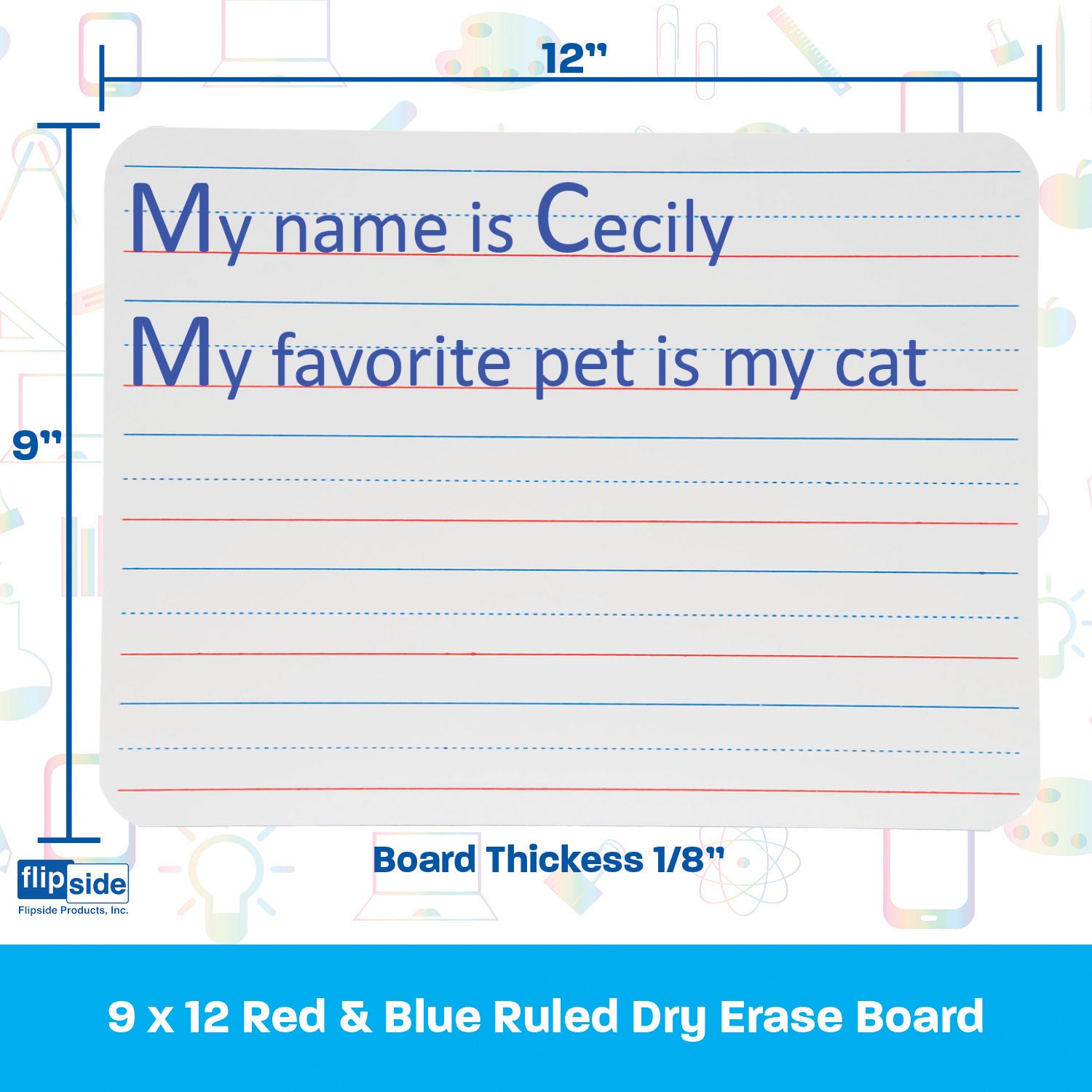 Two-Sided Dry Erase Board, Plain/Red & Blue Ruled, 9" x 12", Pack of 4