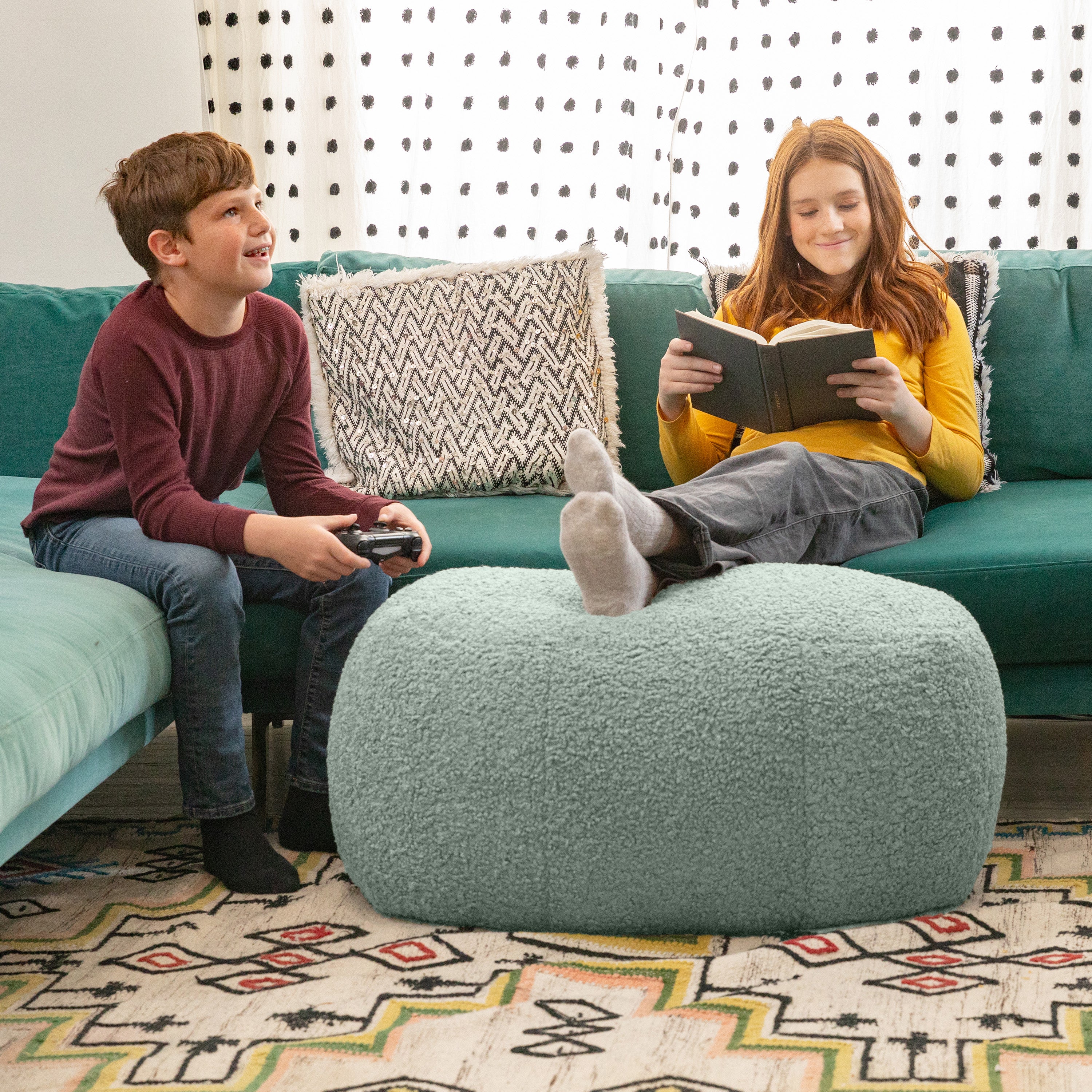 Jaxx Ellis Ottoman Shearling Faux-Lamb Plush Pouf for Modern Interior Design, Oval, Mineral Green