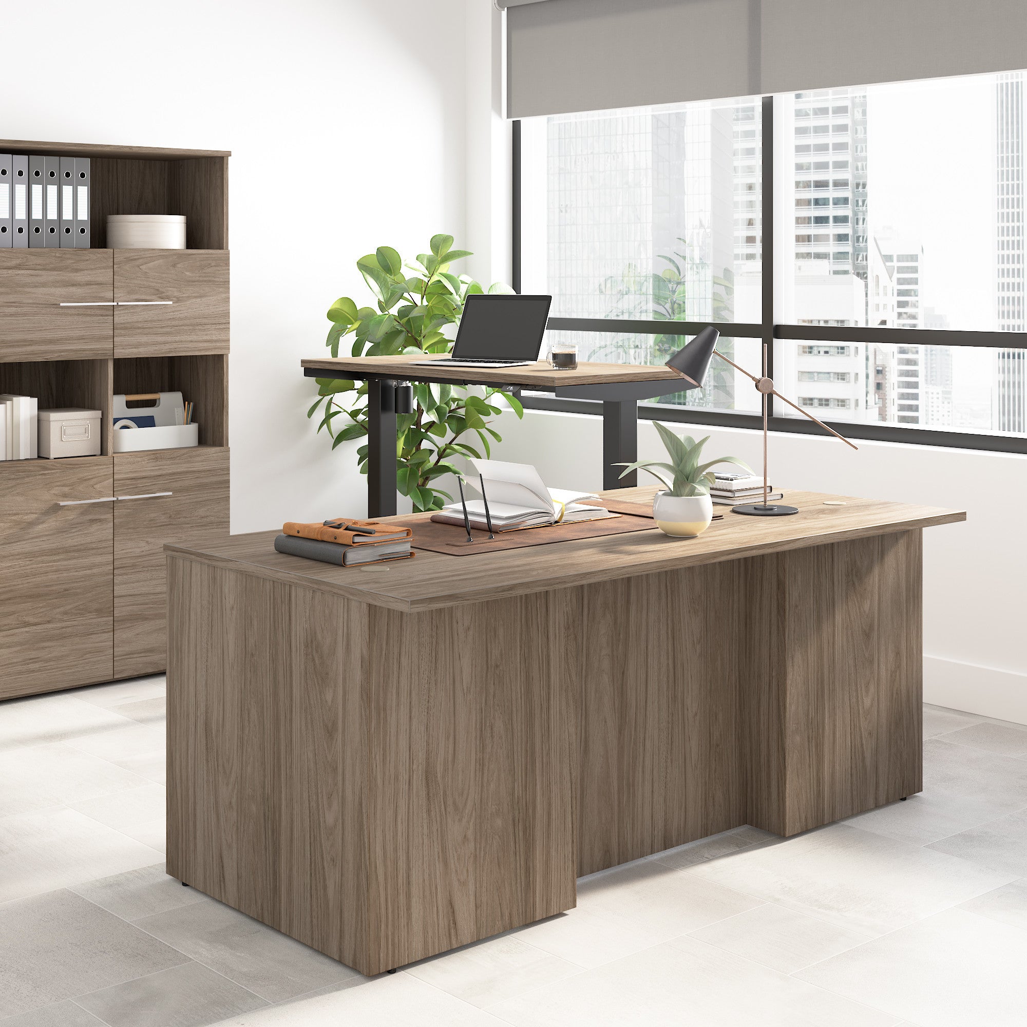 Bush Business Furniture Office 500 5 Shelf Bookcase with Doors in Modern Hickory - 35.67" Width x 15.35" Depth x 70.08" Height