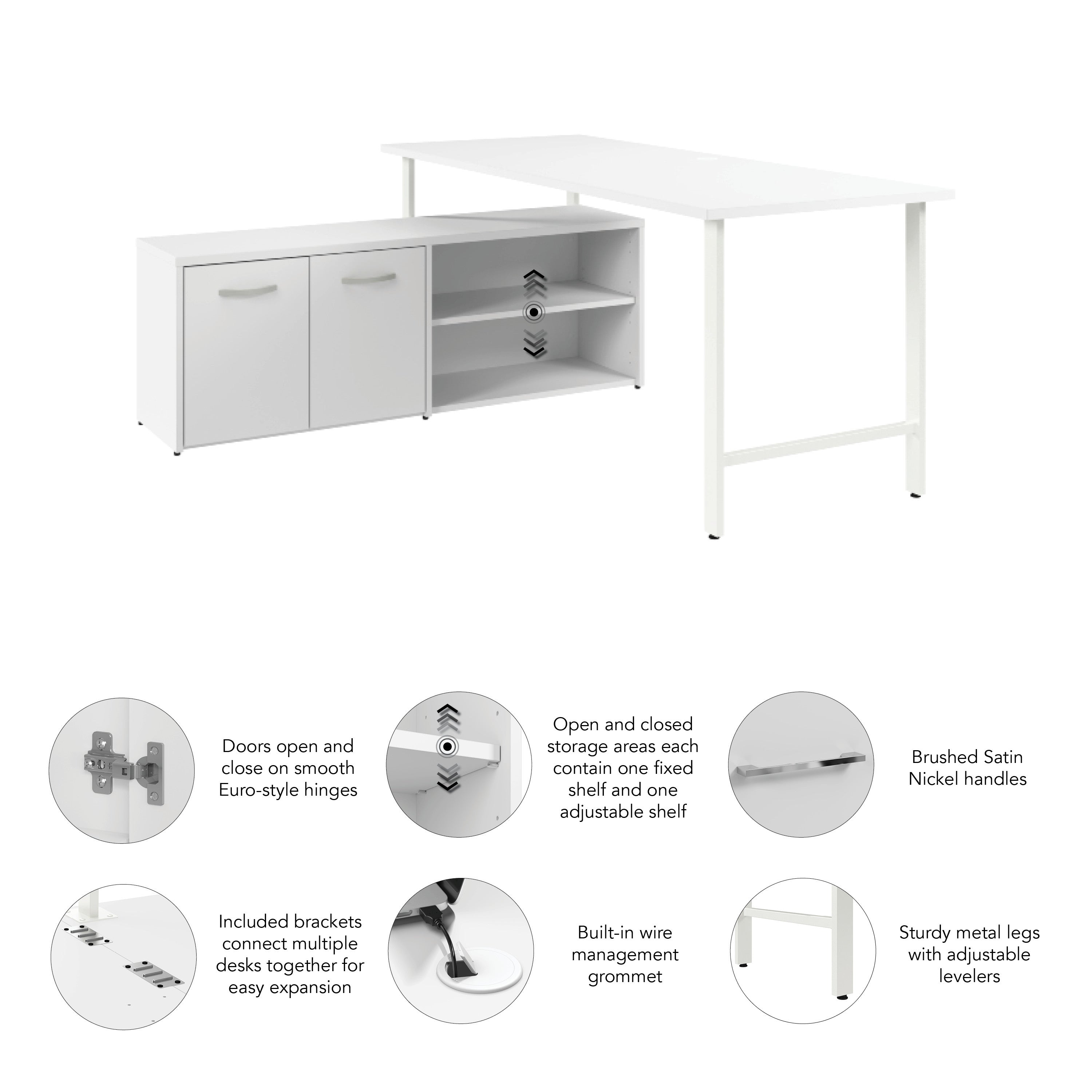 Bush Business Furniture Hustle 72W x 30D Computer Desk and Low Storage Cabinet with Doors and Shelves in White - 71.02" Width x 88.54" Depth x 30.07" Height