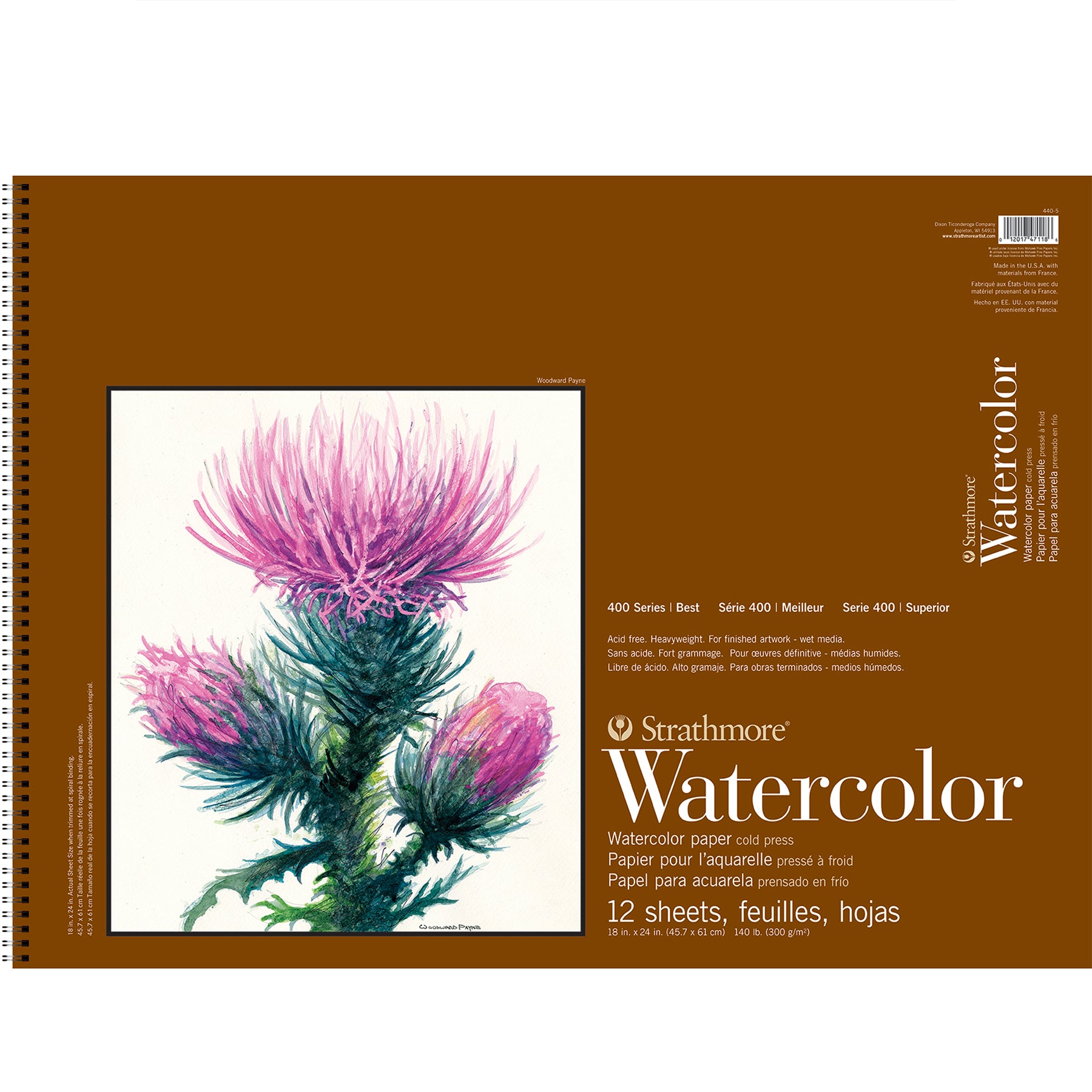 400 Series Watercolor Paper Pad, Cold Pressed, Side Wire Binding, 12 Sheet, 18x24 inch, 1 Count