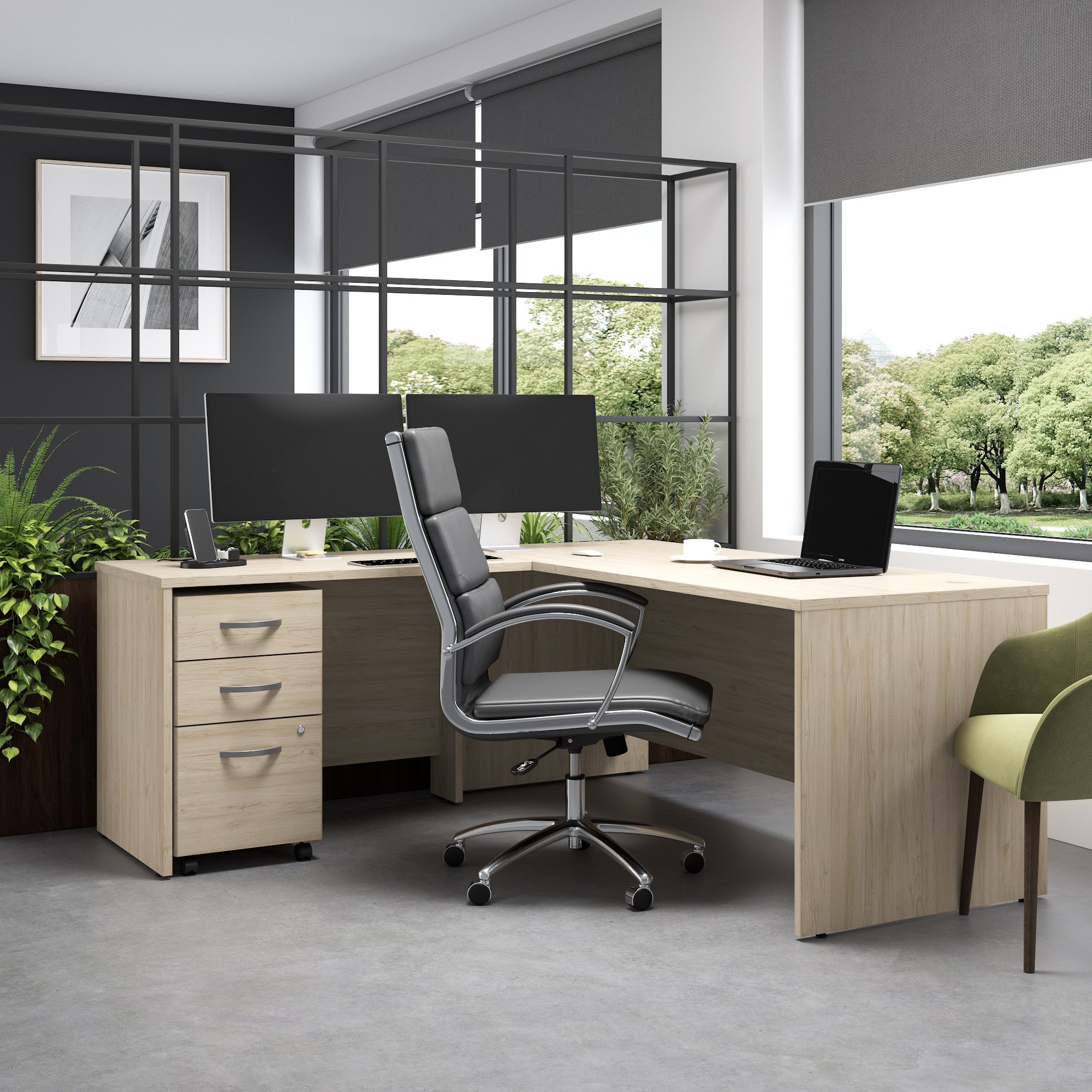 Bush Business Furniture Studio C 72W x 30D L Shaped Desk with Mobile File Cabinet in Natural Elm - 71.02" Width x 71.02" Depth x 29.84" Height