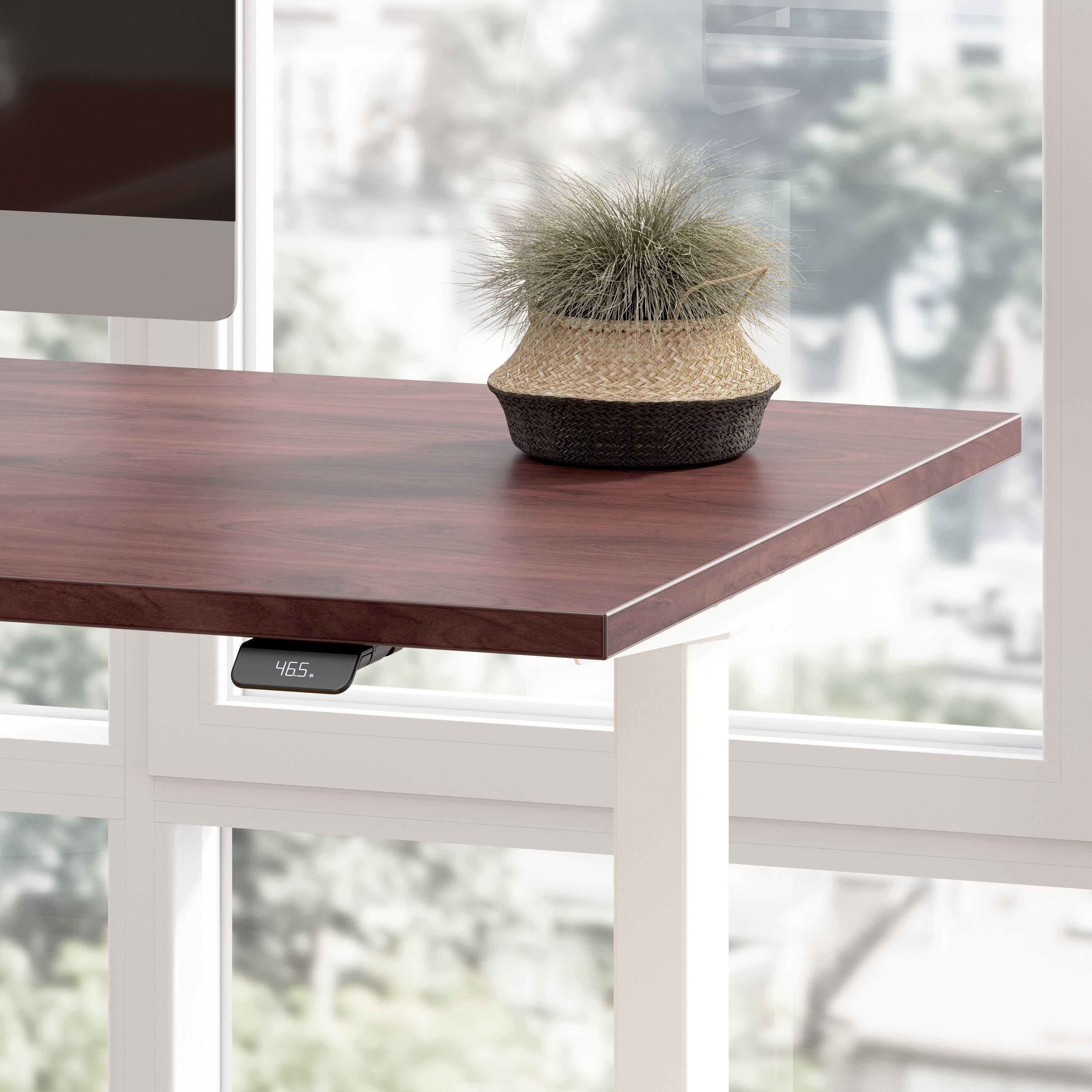 Bush Business Furniture Move 60 Series 72W Height Adjustable L Shaped Standing Desk in Hansen Cherry with White Base - 71.02" Width x 76.97" Depth x 27.44" Height