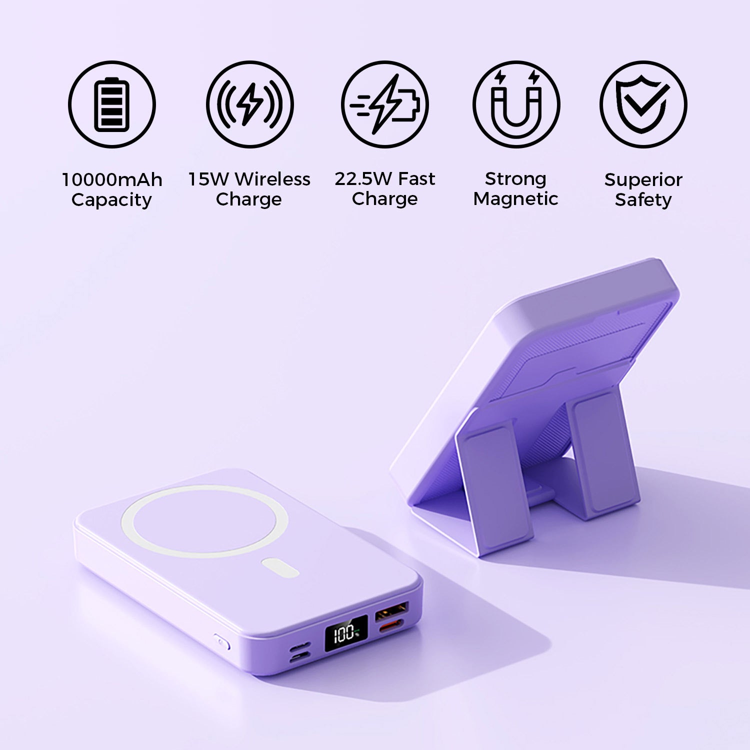 10,000mAh Magnetic Wireless Charge Power Bank with Foldable Stand, Purple