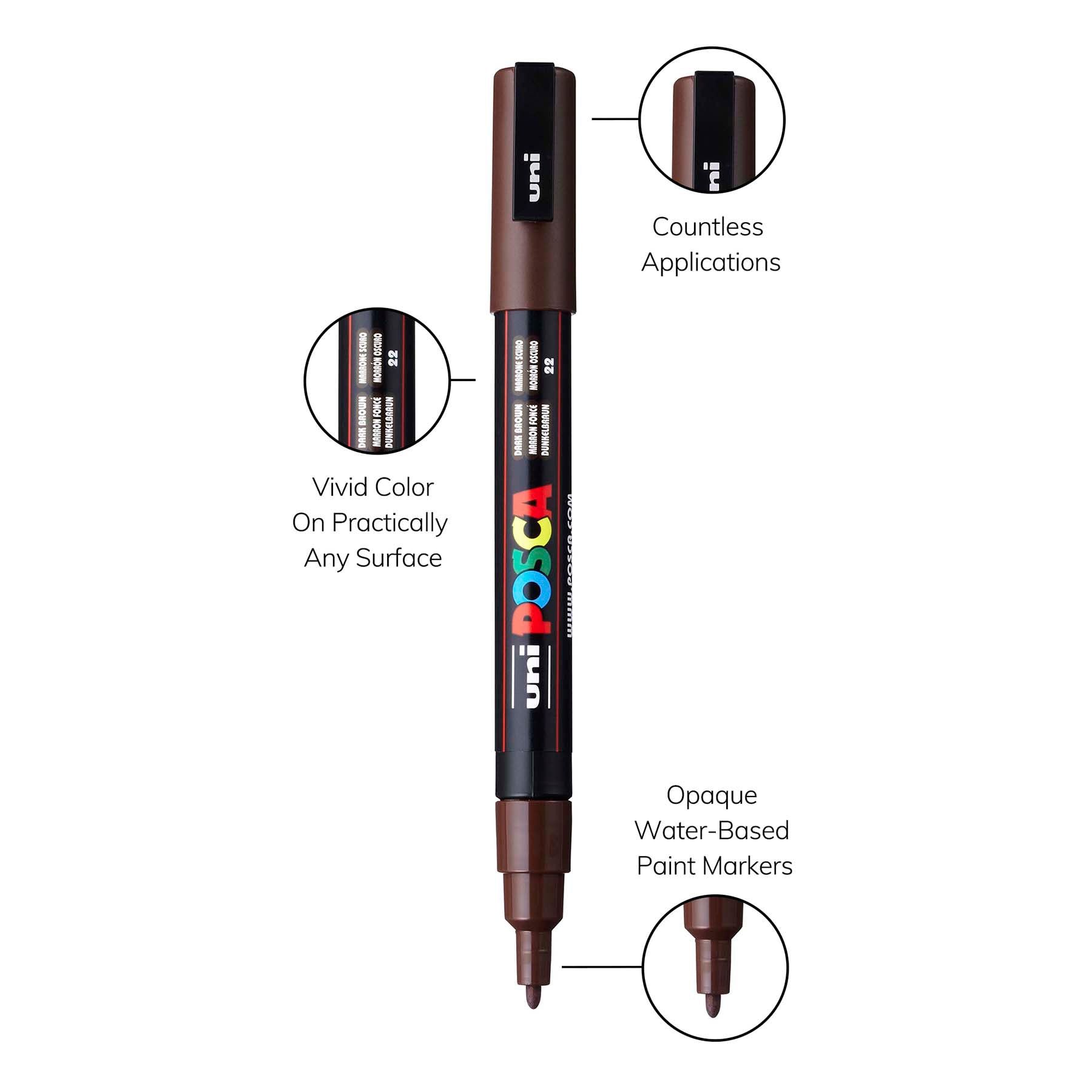 uni® POSCA PC-3M Water-Based Paint Markers, Reversible Fine Tip (0.9-1.3mm), Dark Brown