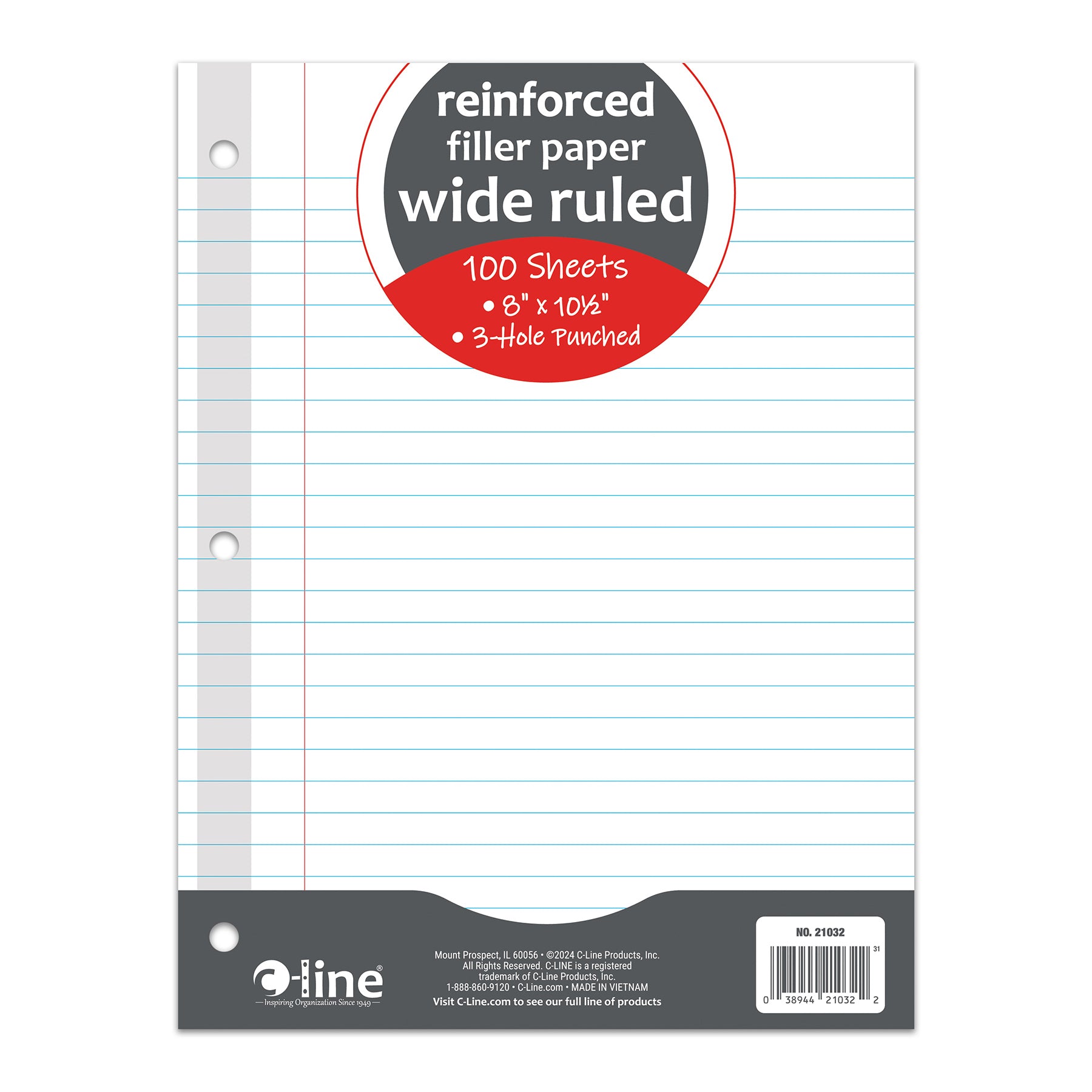 Reinforced 3-Hole Punched, Filler Paper, Wide Rule, 10.5" x 8", 100 Sheets