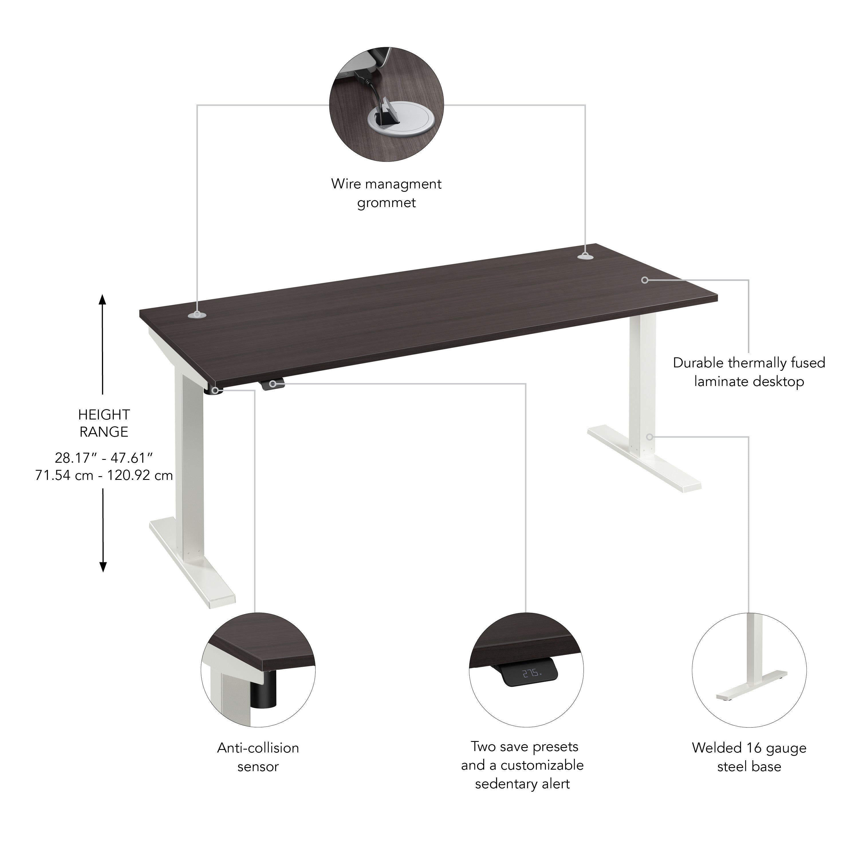 Bush Business Furniture Move 40 Series 72W x 30D Electric Height Adjustable Standing Desk in Storm Gray with White Base - 71.02" Width x 29.37" Depth x 28.17" Height