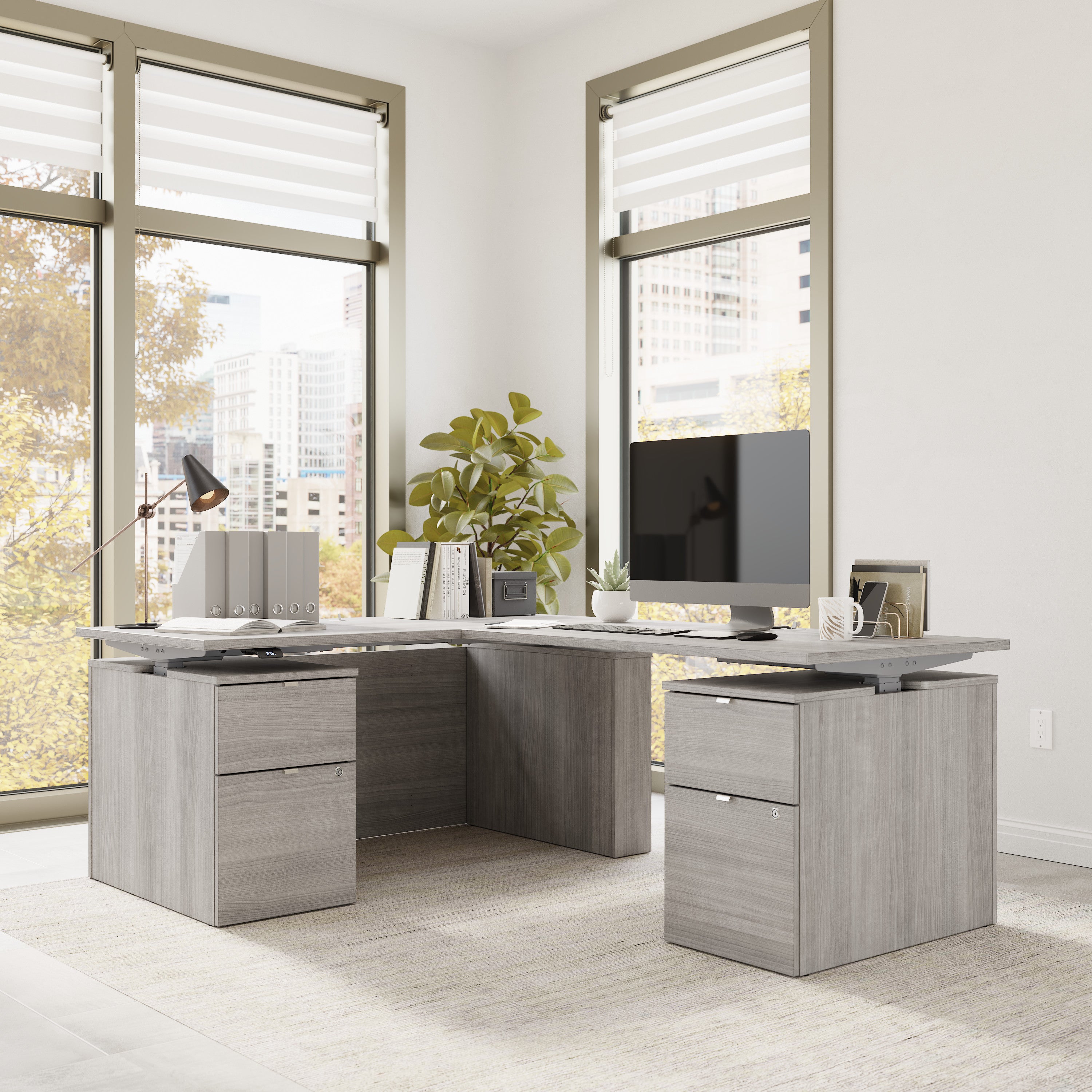 Bush Business Furniture Stratus&nbsp;60W x&nbsp;78D Height Adjustable L Shaped Standing Desk with Drawers in Platinum Gray with Metallic Gray Base - 59.45" Width x 76.97" Depth x 27.44" Height