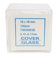 Microscope Slides Coverslip Glass 18mmx18mm #1 thickness with 100 coverslips per box.
