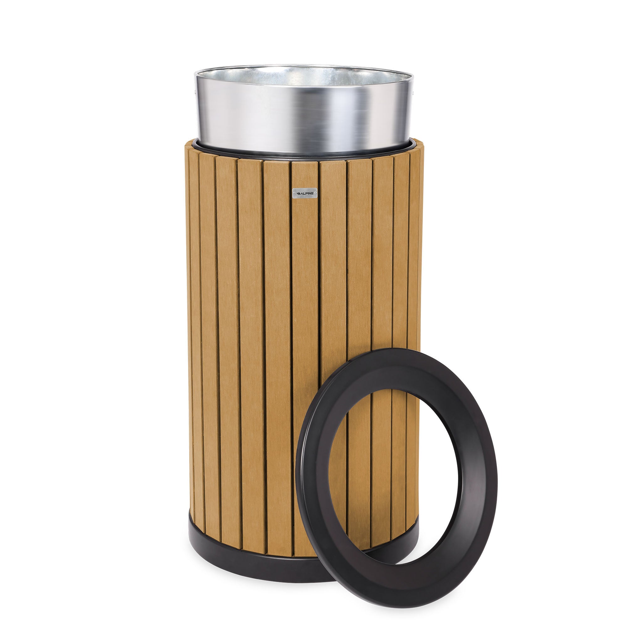 Round, 32-Gallon Outdoor Trash Container with Slatted Recycled Plastic Panels - Cedar