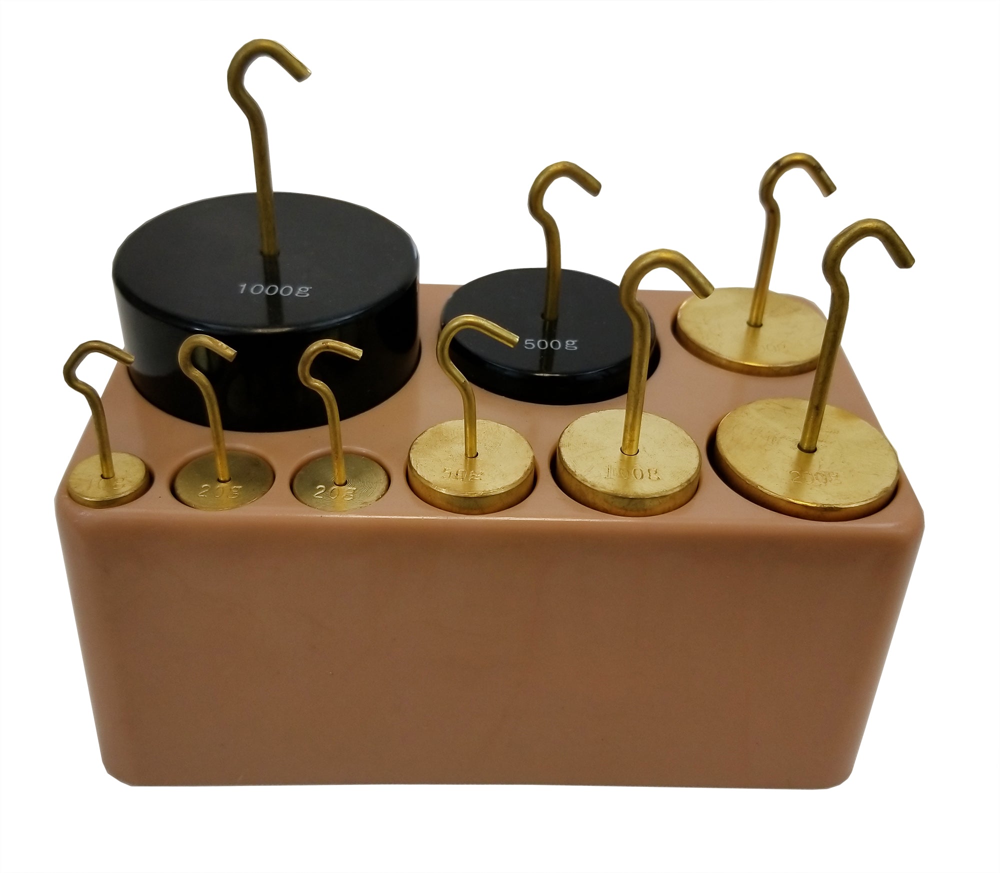 Weight Set Hooked 9 pieces. 1 each 1000gm, 500 gm cast iron painted, 2 each 200 gm, 1 each 100 gm, 1 each 50 gm, 2 each 20 gm, 1 each 10 gm.