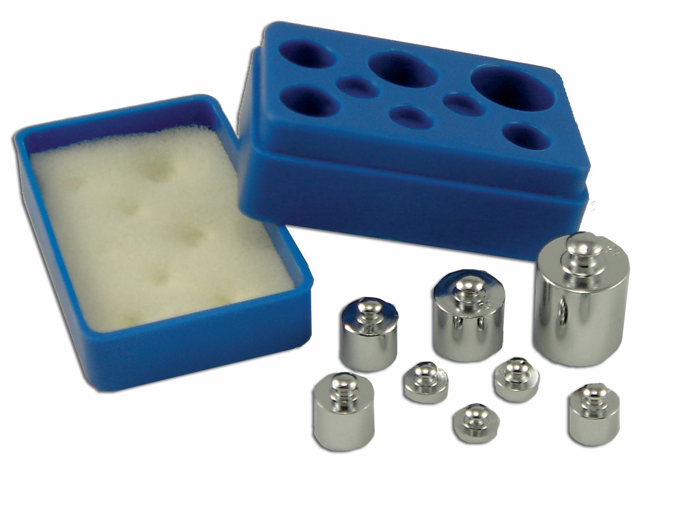 Weight Masses, Precision Set 8. Includes 1-50, 1-20, 2-10, 1-5, 2-2, 1-1 gram weights and tweezers and storage container.