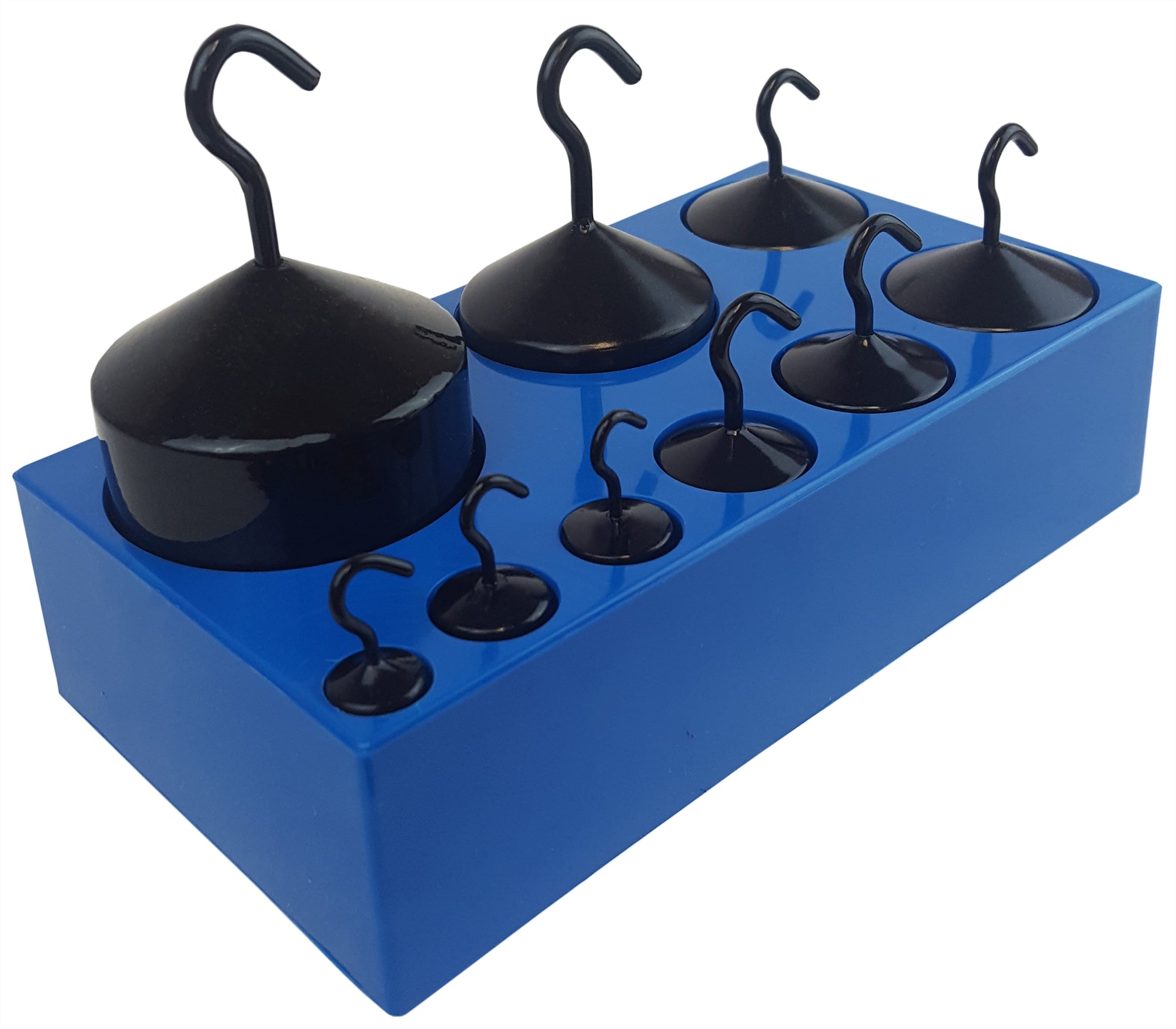 Weight Set Hooked Cast Iron, 9 pieces in plastic housing; 1 each 10gm, 50gm, 100gm, 500gm, 1000gm, and 2 each 20gm, 200gm.