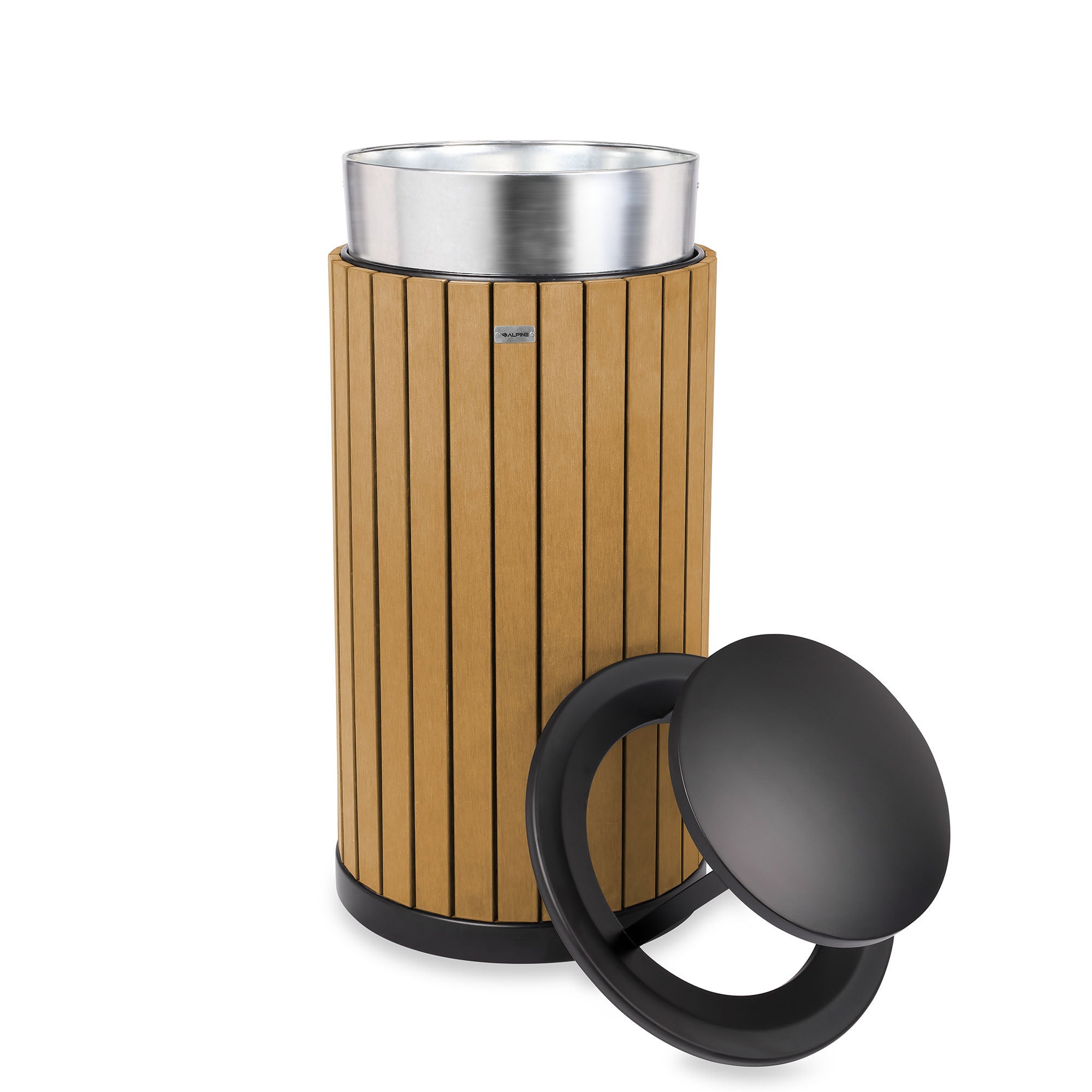 Round, 32-Gallon Outdoor Trash Container with Slatted Recycled Plastic Panels - Rain Bonnet Lid - Cedar