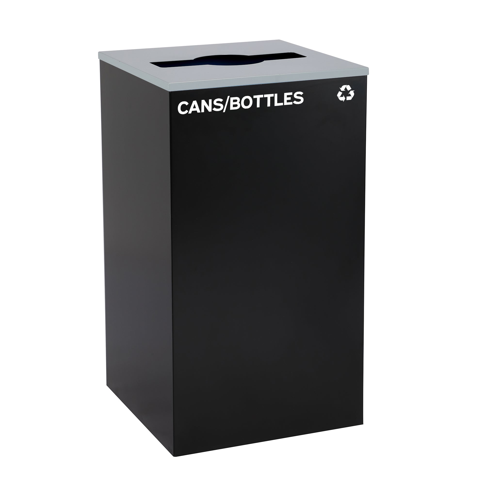 Square Recycling Bin – 29 Gallons - Black Can, Mixed Opening Lid, for Cans/Bottles