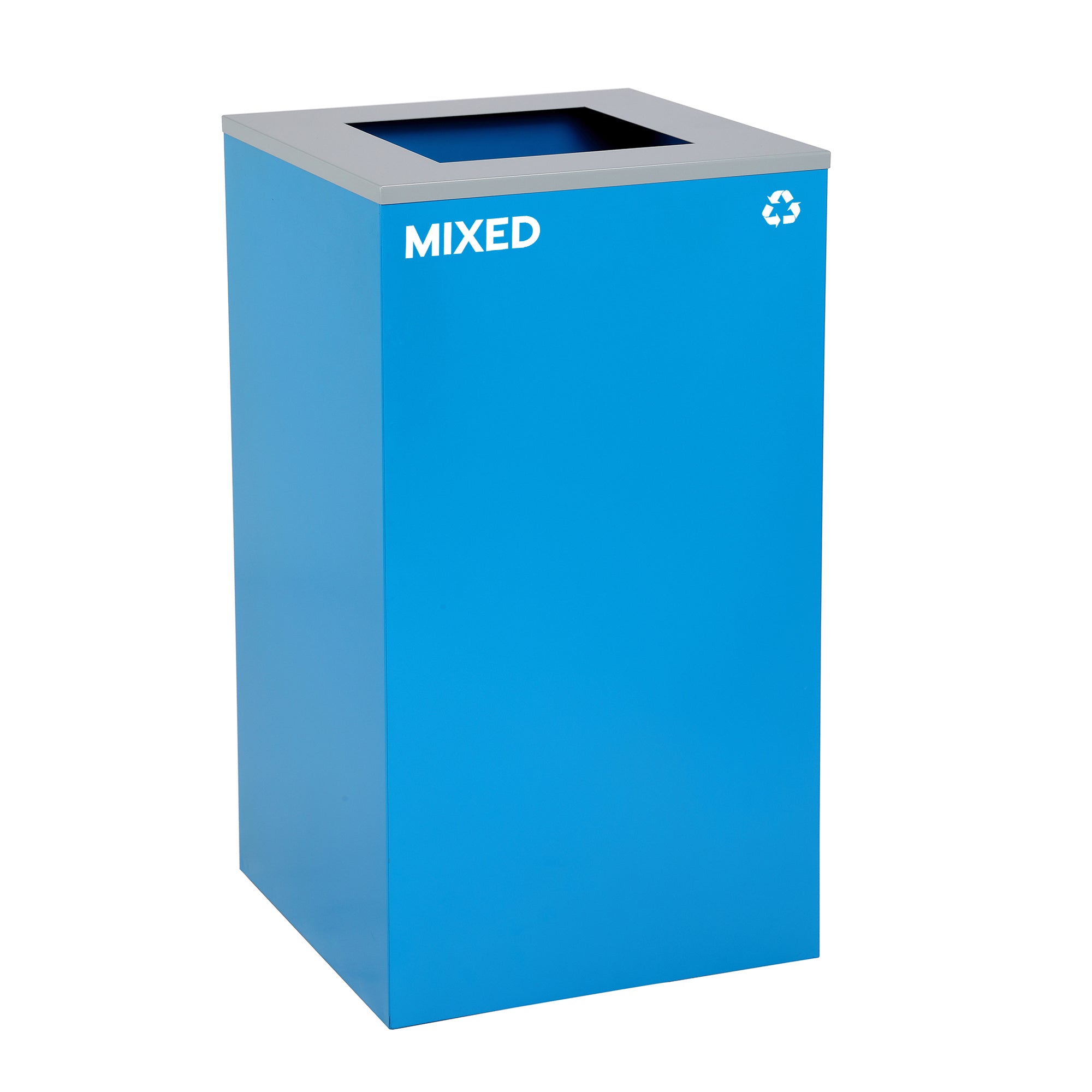 Square Recycling Bin – 29 Gallons - Blue Can, Square Opening Lid, for Mixed