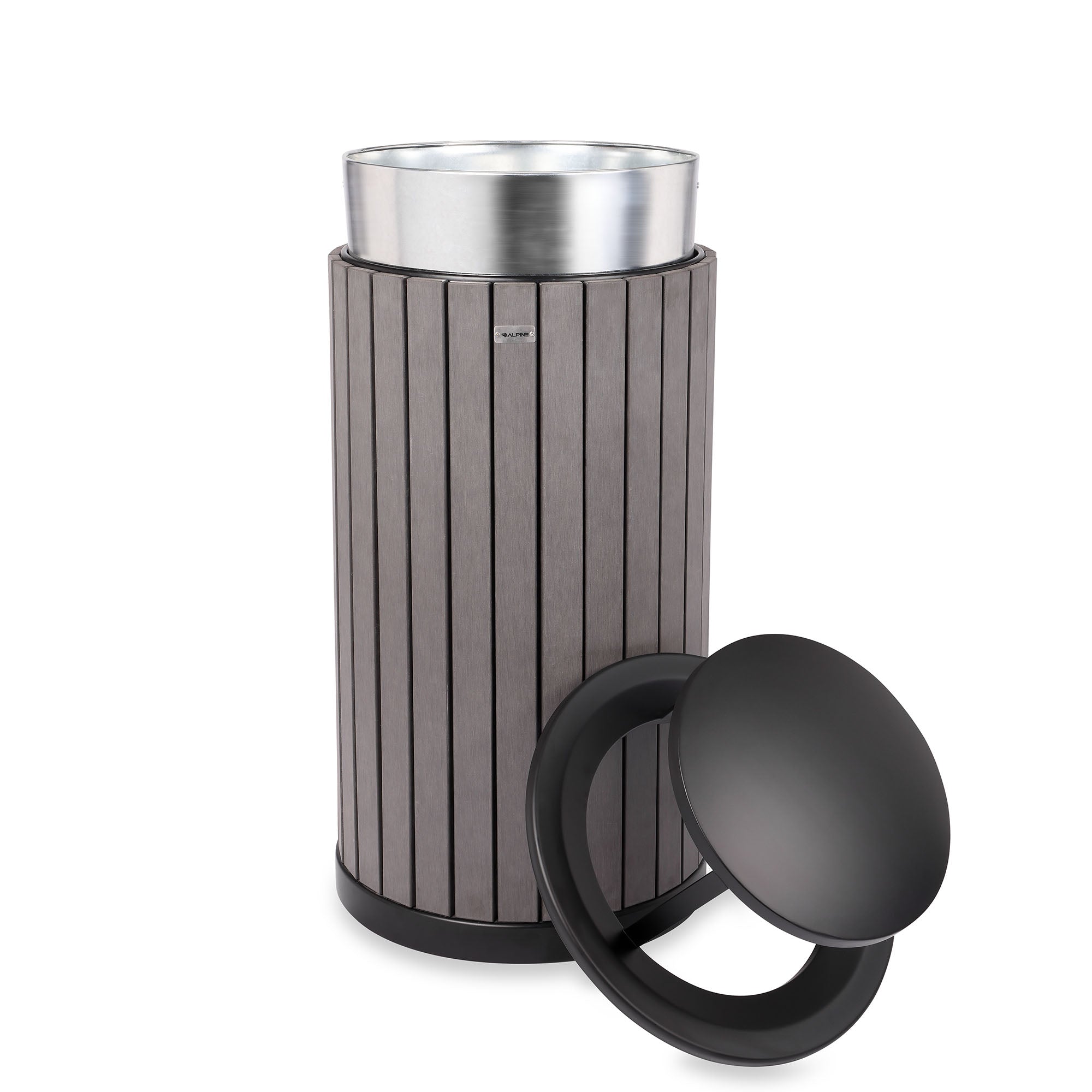 Round, 32-Gallon Outdoor Trash Container with Slatted Recycled Plastic Panels - Rain Bonnet Lid - Grey