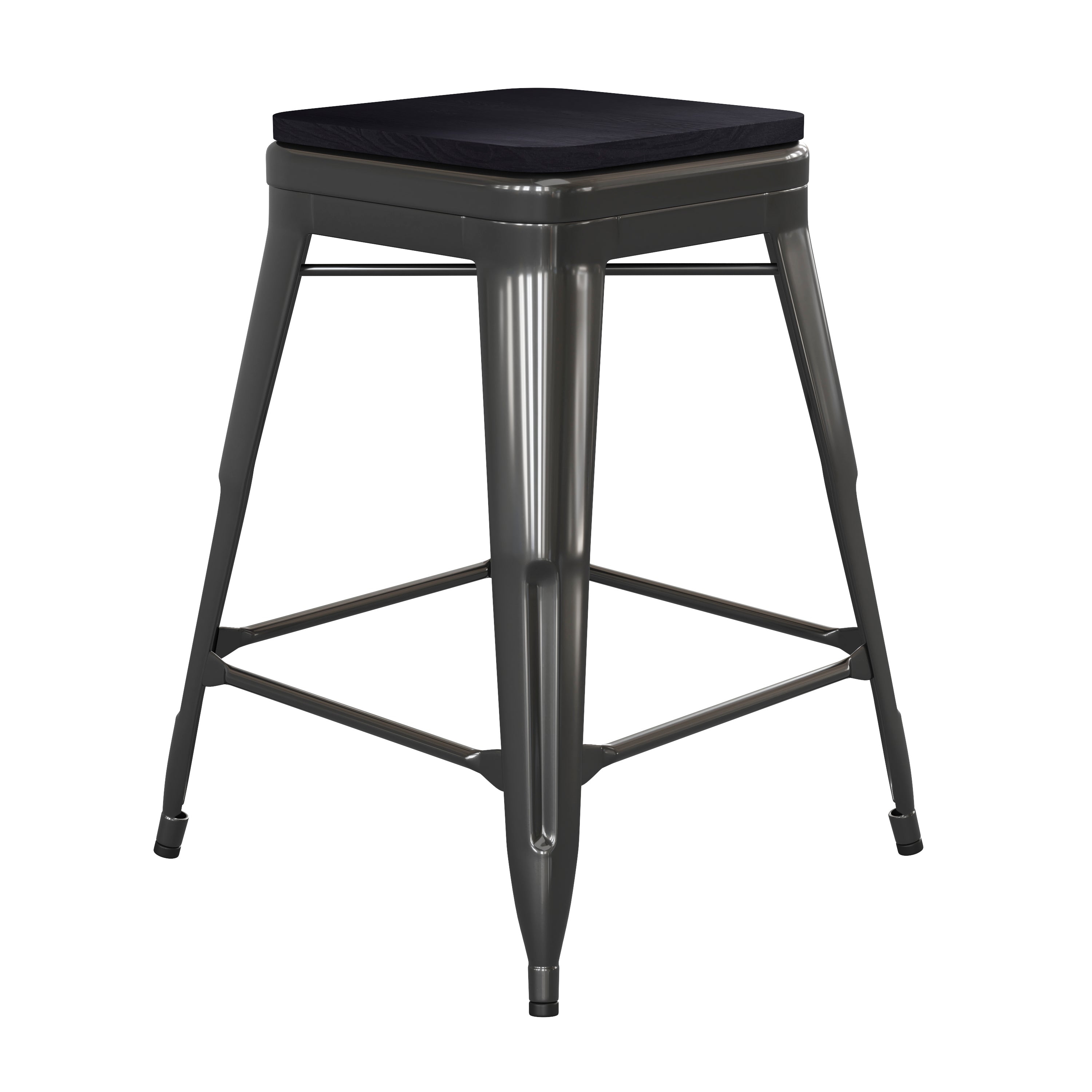 Cierra Set of 4 Commercial Grade 24" High Backless Black Metal Indoor Counter Height Stools with Black All-Weather Poly Resin Seats
